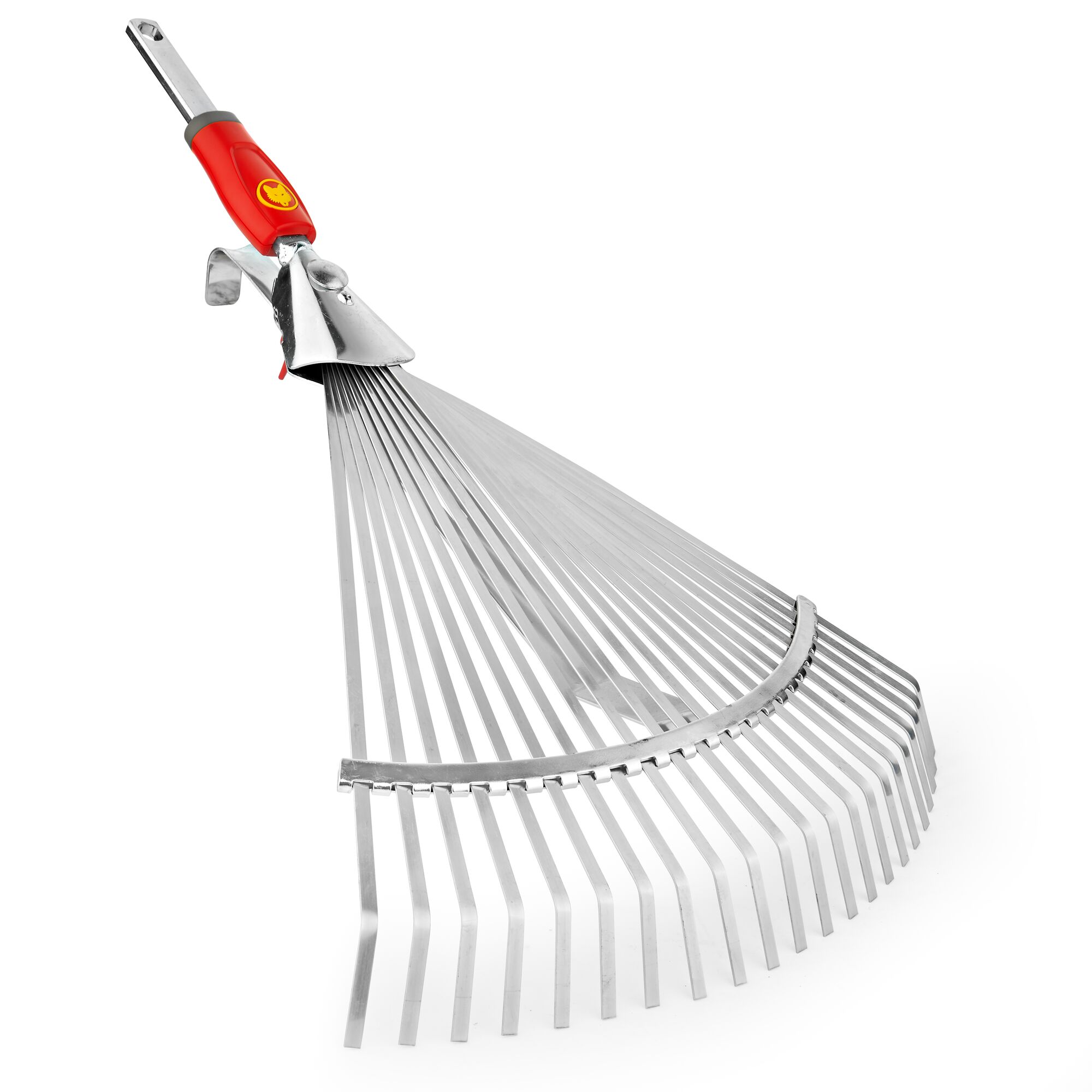 A metal garden rake with a red and yellow handle featuring flexible, fan-shaped tines, designed for gathering leaves and garden debris.