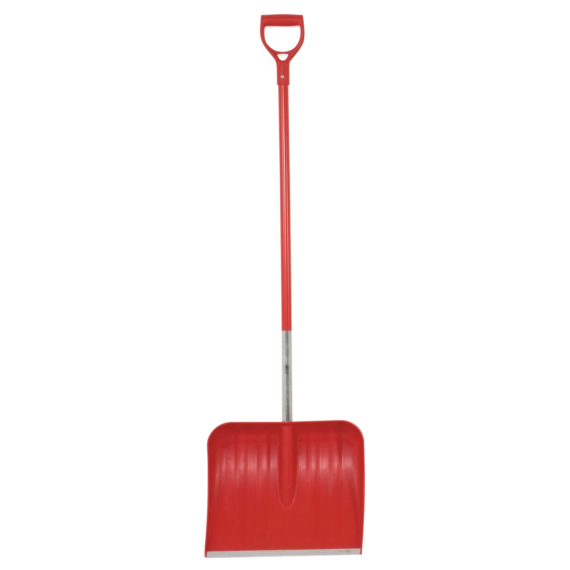 A red snow shovel with a wide plastic blade and a metal handle featuring a D-shaped grip.