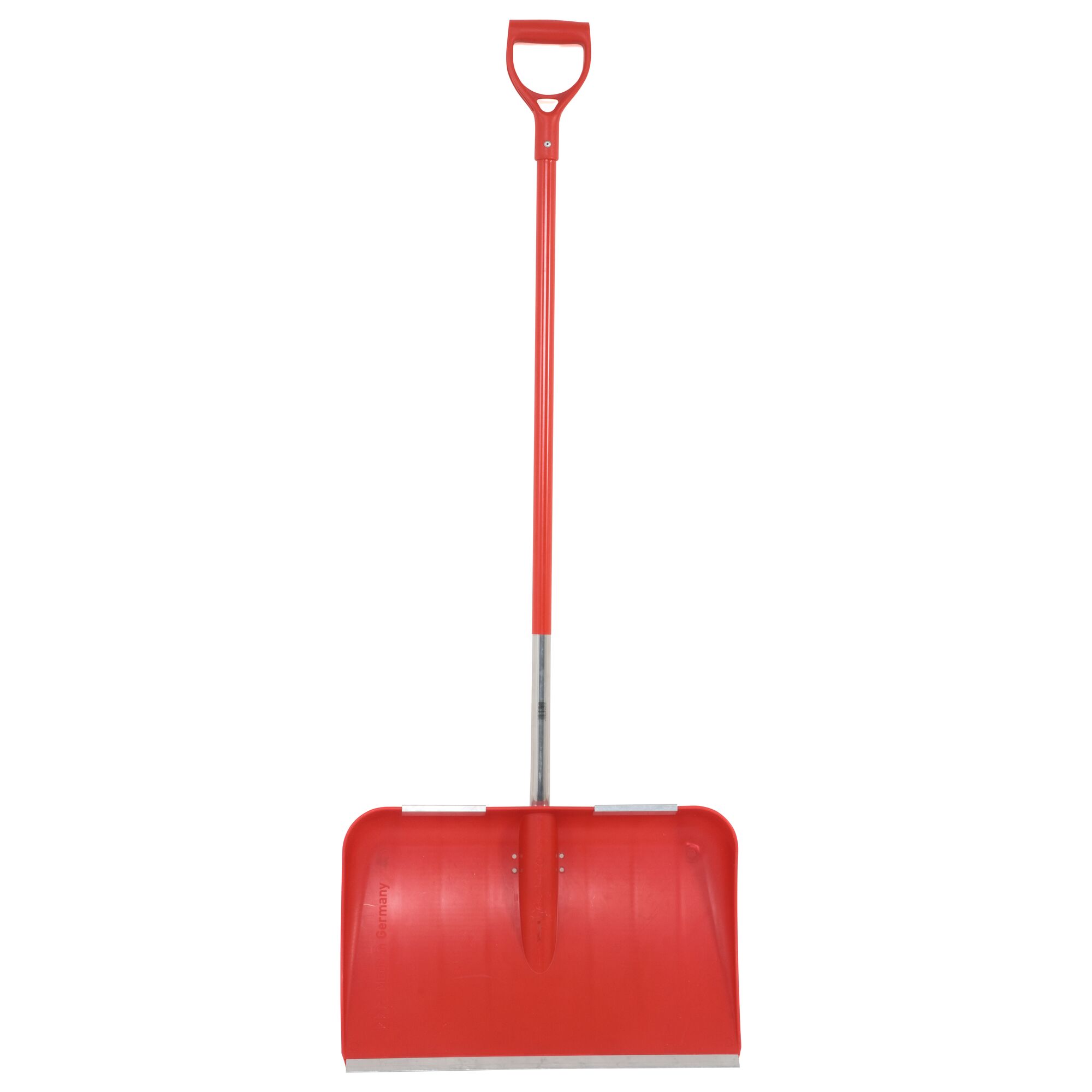 A red snow shovel with a wide blade and a metal edge, featuring a D-shaped handle and a long shaft.