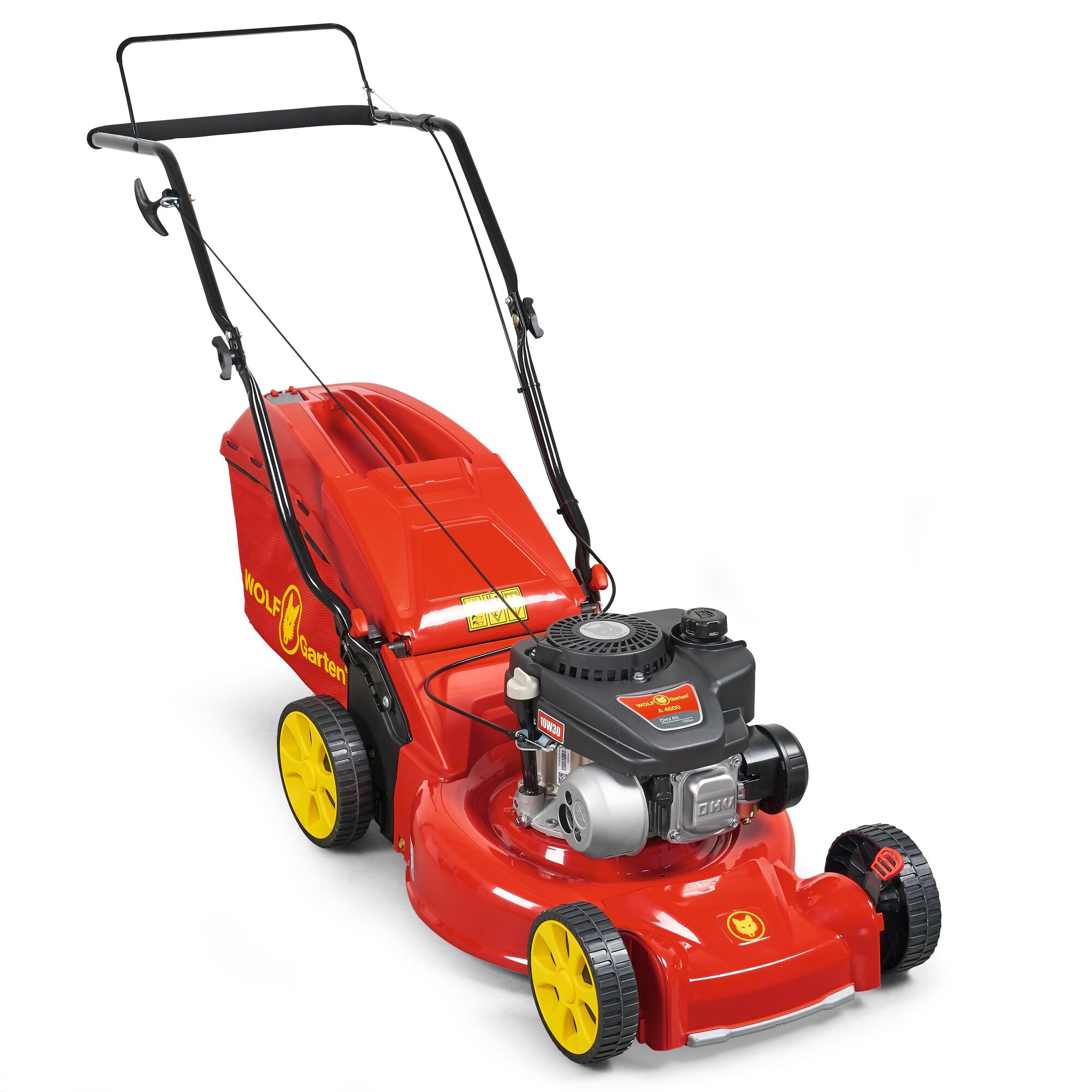 A red WOLFGarten petrol lawn mower with yellow wheels and a collection bag, designed for grass cutting.