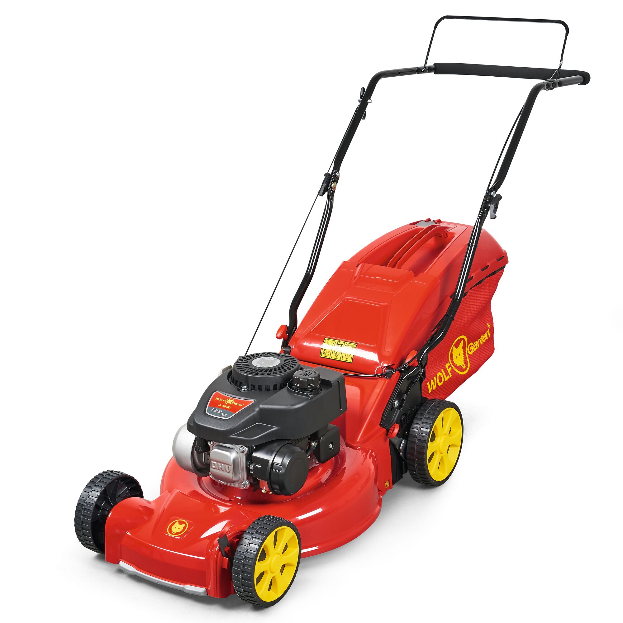 A red and yellow WOLF-Garten lawn mower with a grass collection bag, black handle, and four wheels.