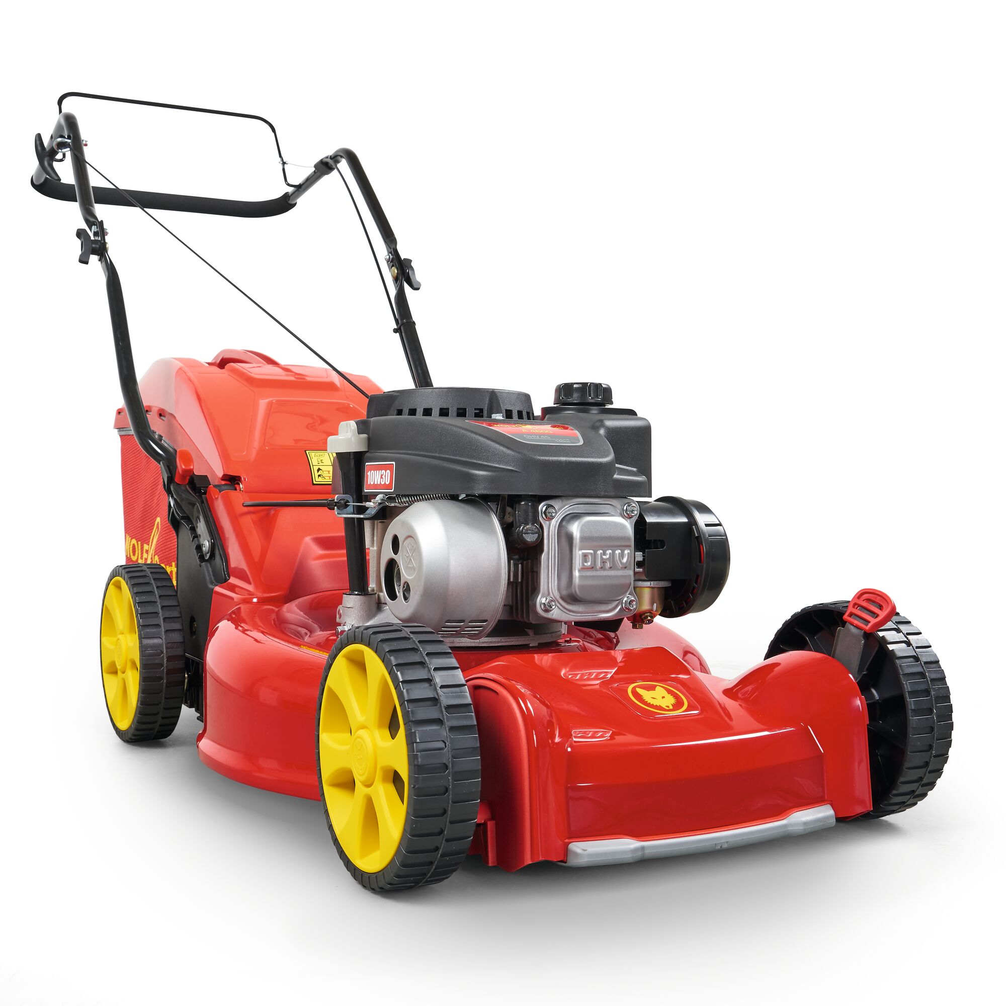 A red and yellow lawn mower with a black handle and a grass collection box attached at the back, shown on a white background.
