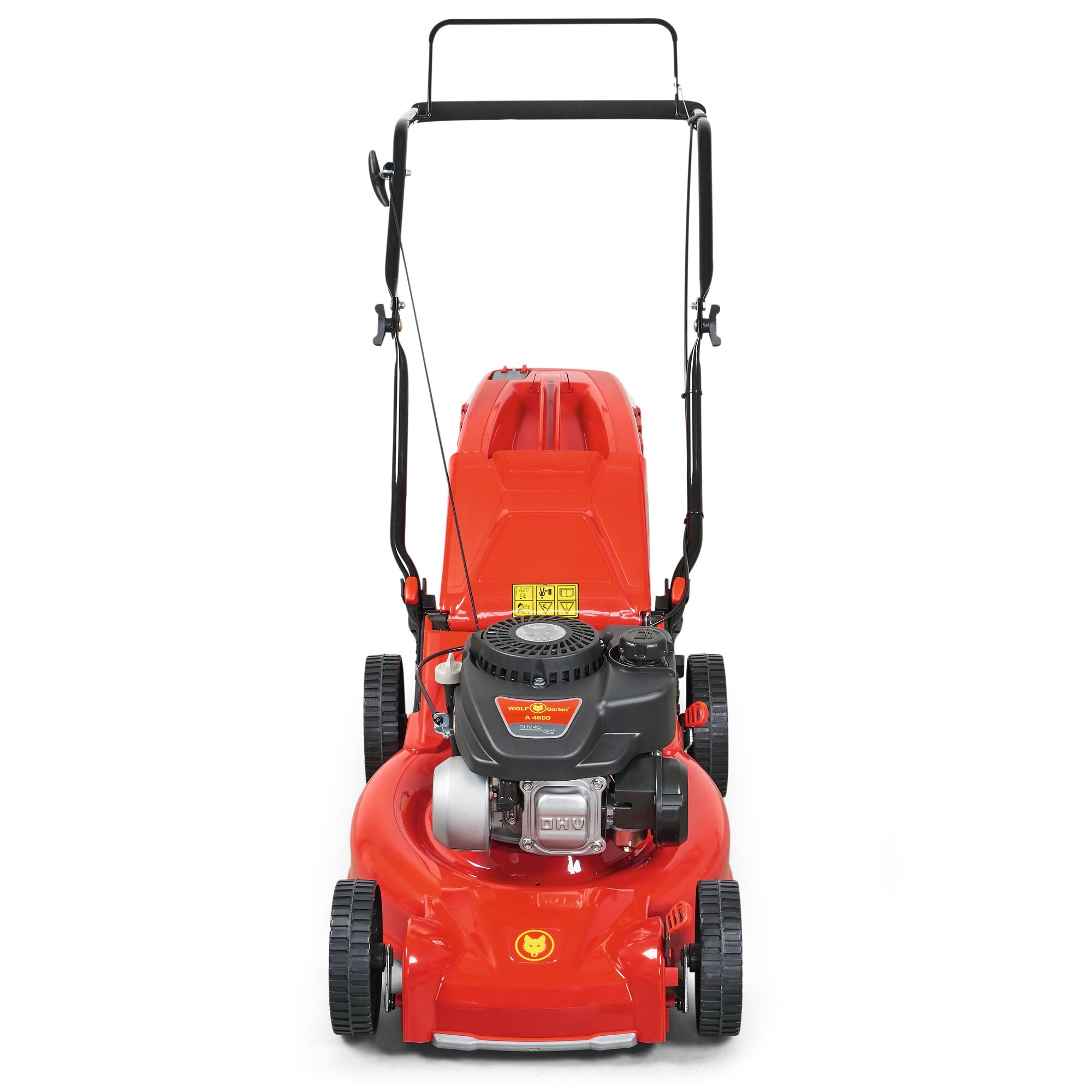 Front view of a red WOLFGarten lawn mower with a grass collection box and visible engine components.
