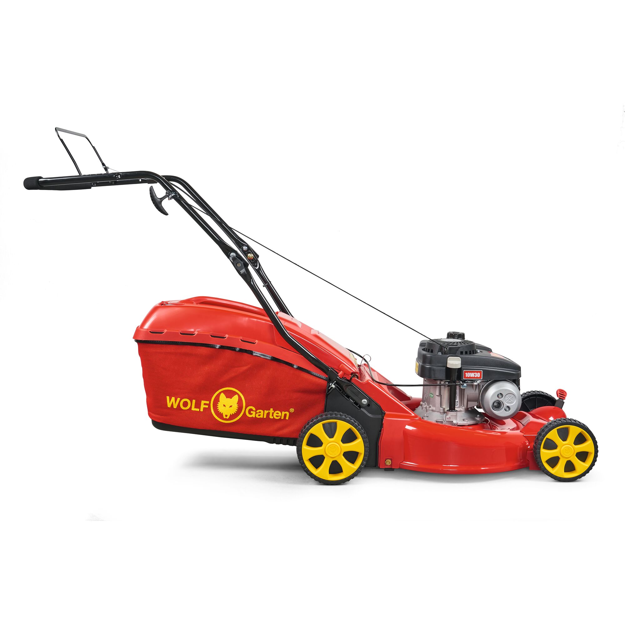 A red WOLF-Garten lawn mower with yellow wheels and a black handle. The lawn mower has a grass collection bag attached at the back and a visible engine on top. It is shown against a white background.