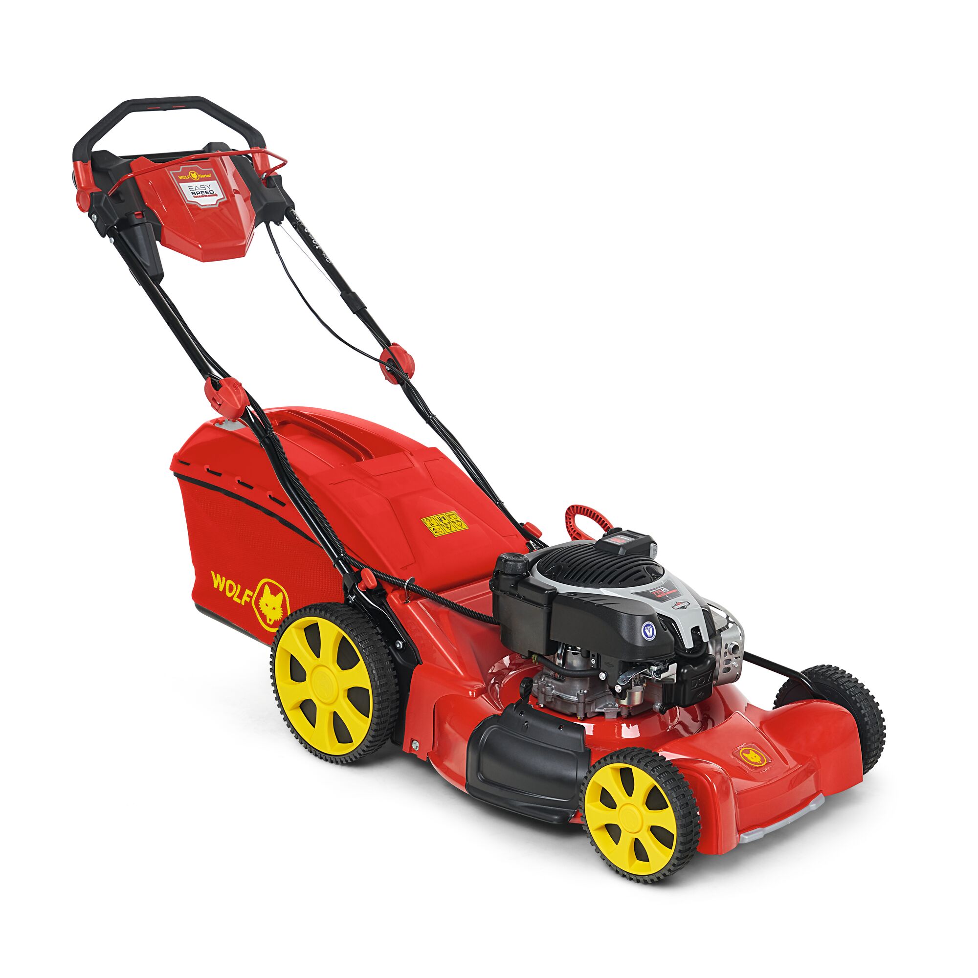 A red and yellow WOLFGarten lawn mower with a grass collection bag, large yellow wheels, and a black engine. The mower is photographed on a white background.