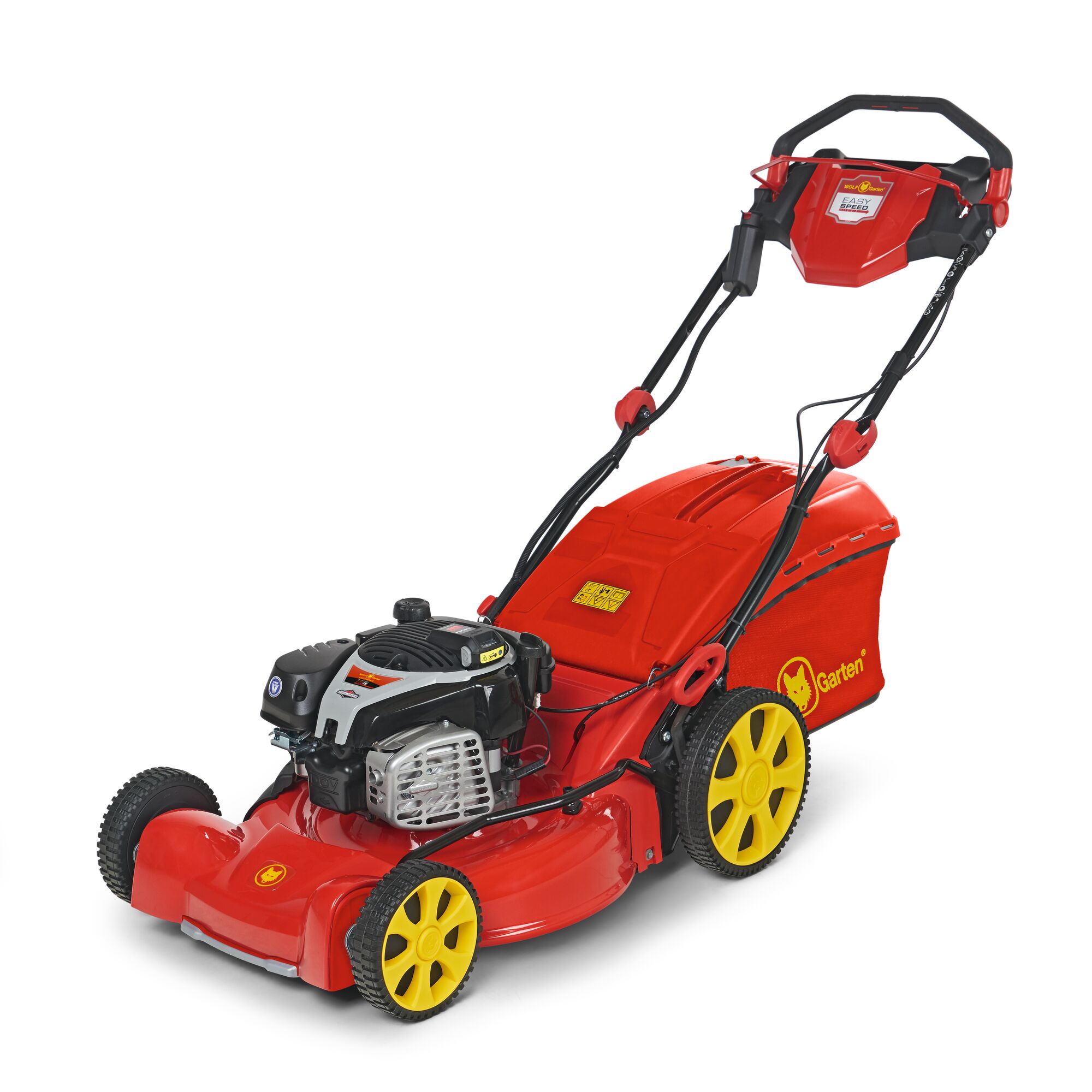 A red and yellow lawn mower with a bag attachment, featuring a visible engine and ergonomic handle, branded with WOLF Garten.