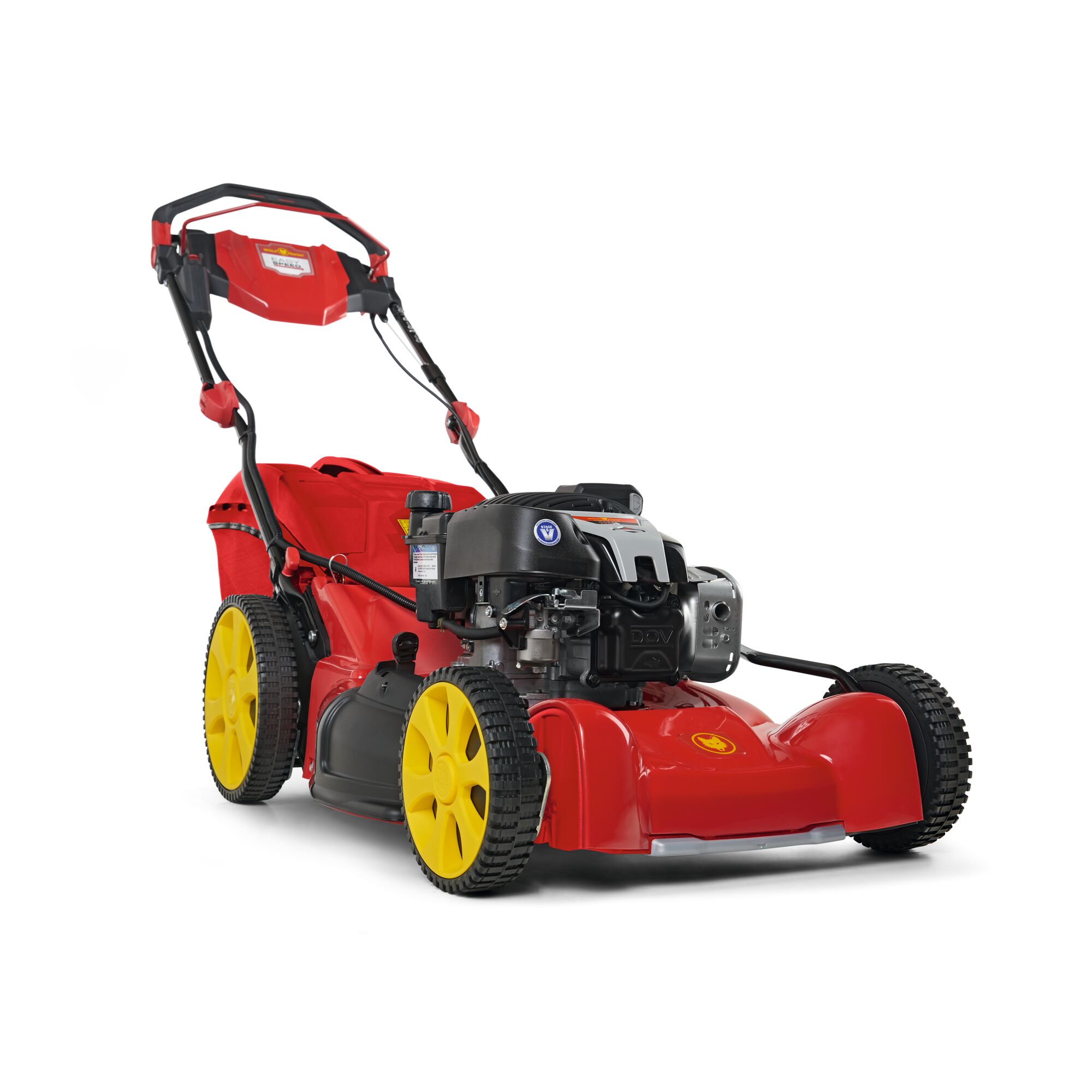 A red and yellow lawn mower with a black engine and a grass collection bag, designed for efficient grass cutting.