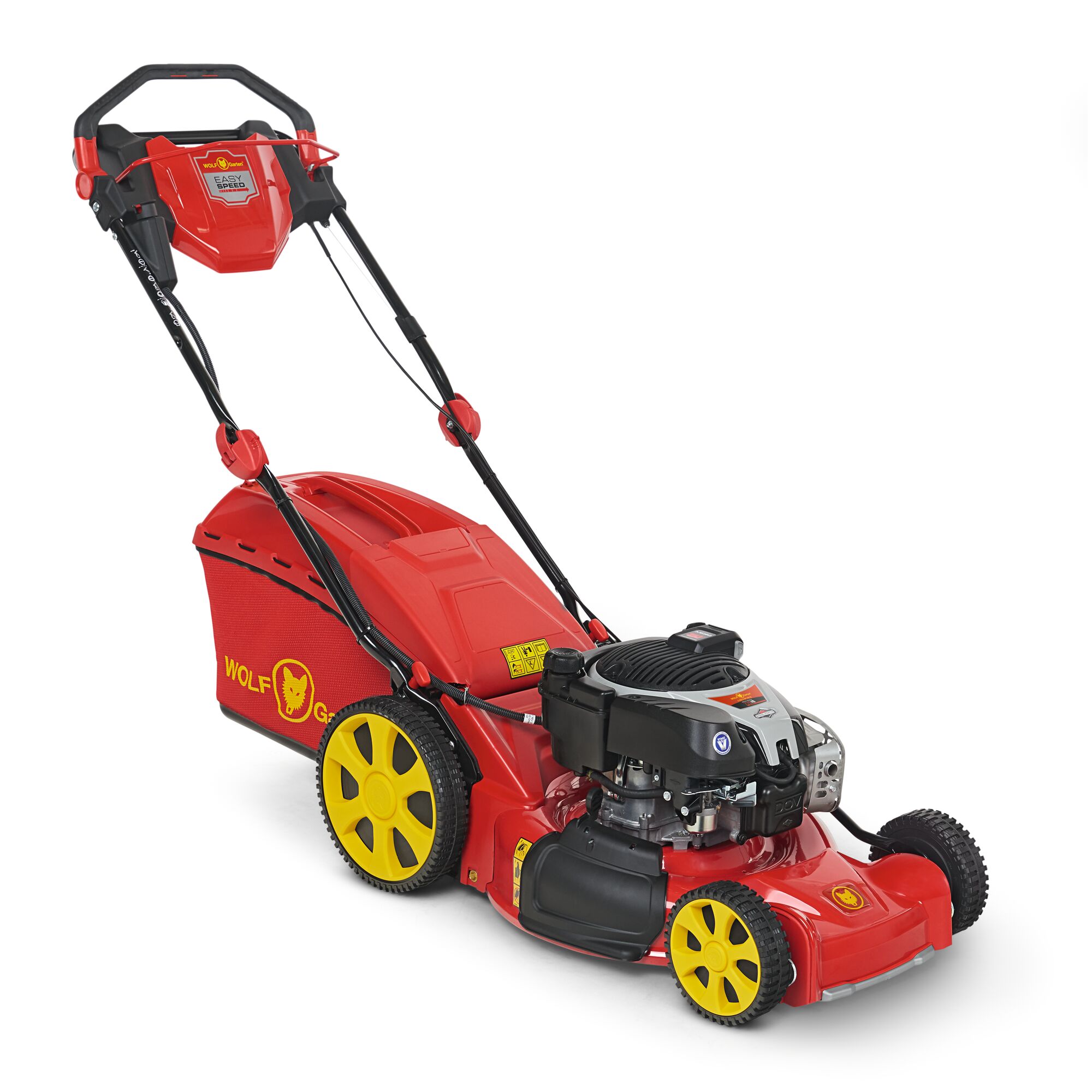 A red and yellow WOLF-Garten lawn mower with a grass collection box, large rear wheels, and a black handle, shown on a white background.