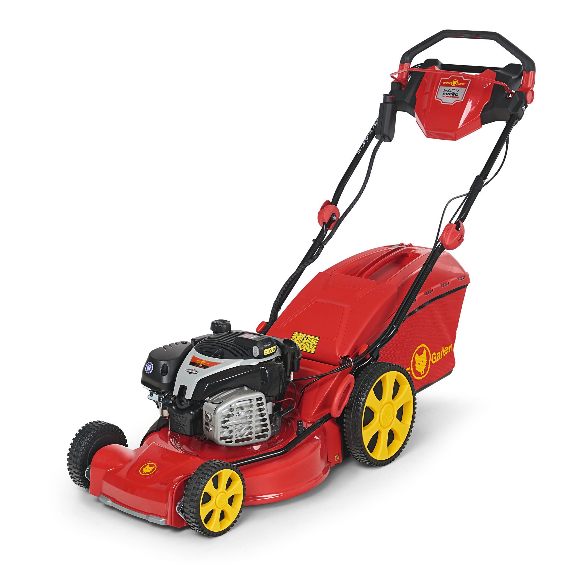 A red and yellow WOLF-Garten petrol lawn mower with a grass collection box, ergonomic handle, and large wheels, viewed from a slight angle on a white background.