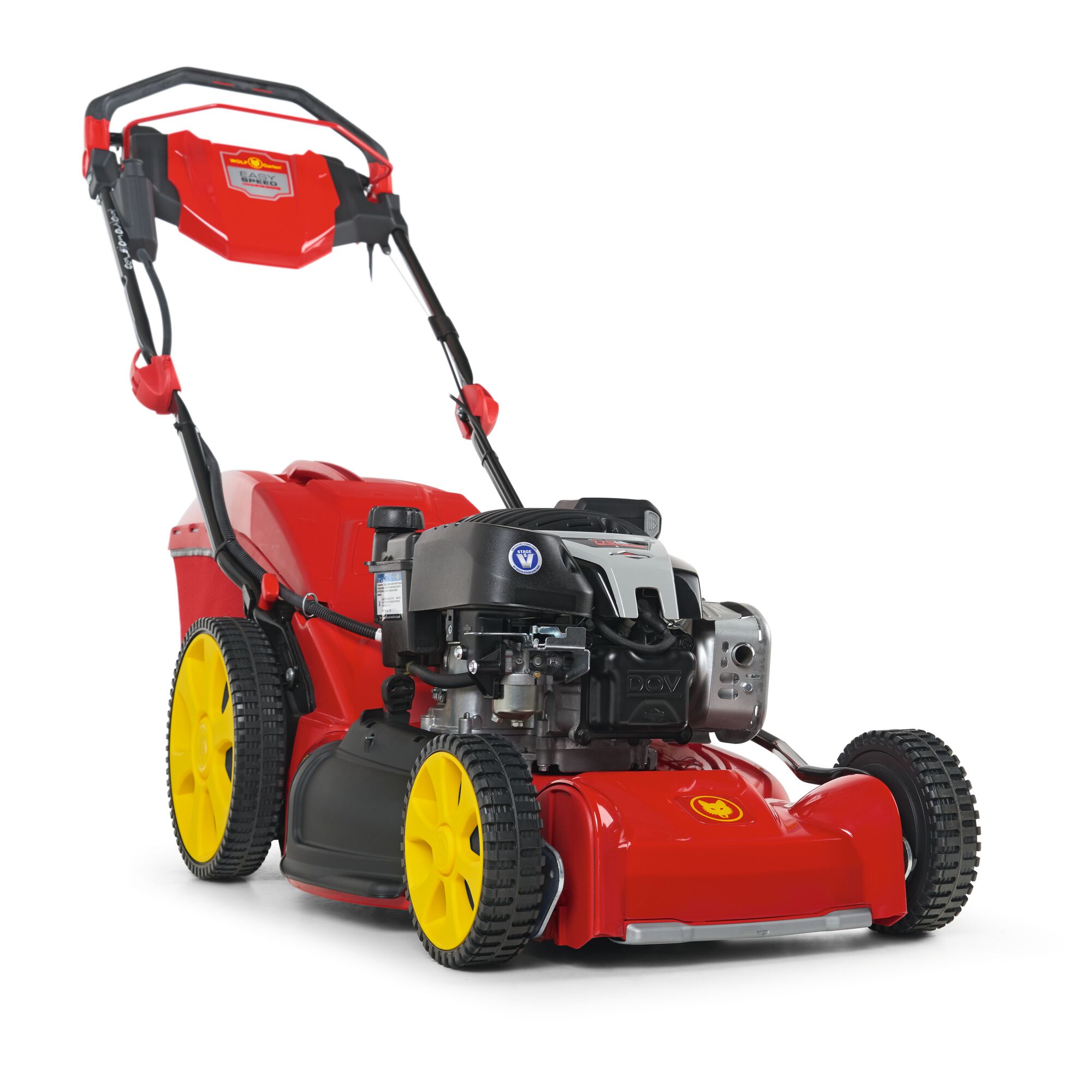 A red and black lawn mower with yellow wheels, featuring the WOLFGarten brand logo on the front, photographed against a white background.