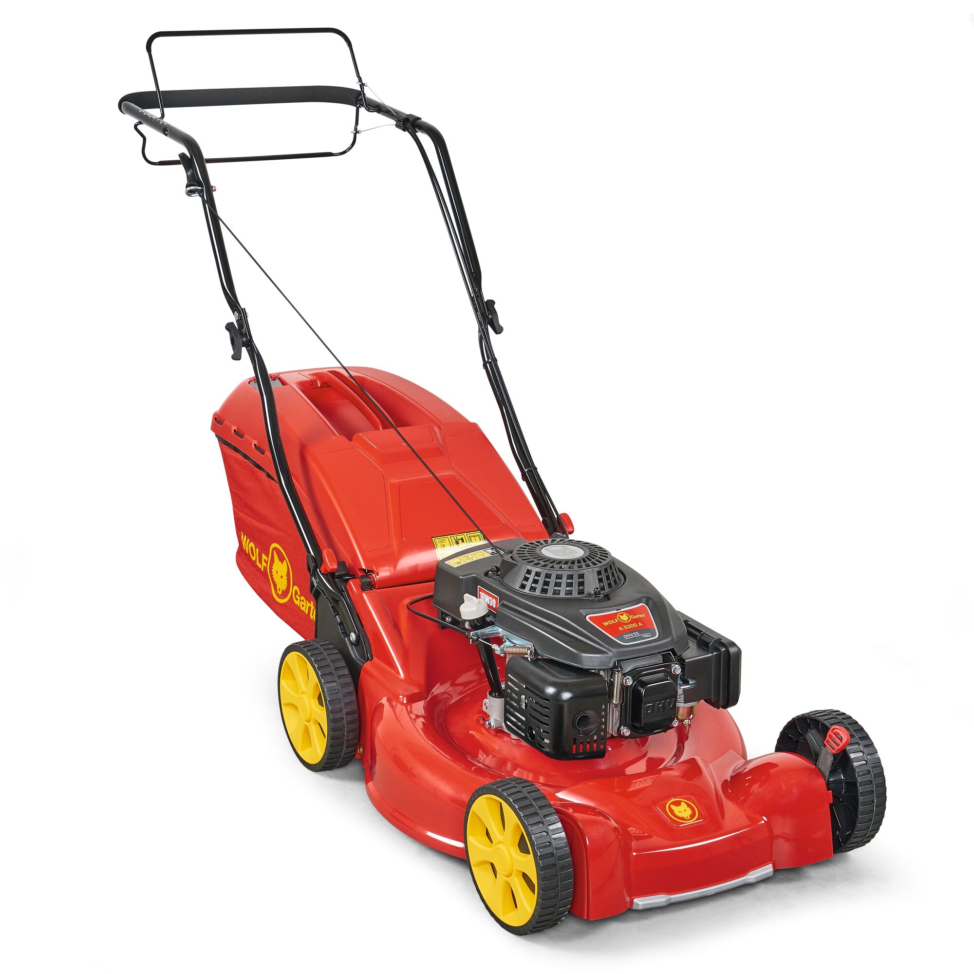 A red and yellow WOLFGarten lawn mower with a black engine and handlebar, designed for cutting grass, shown against a white background.