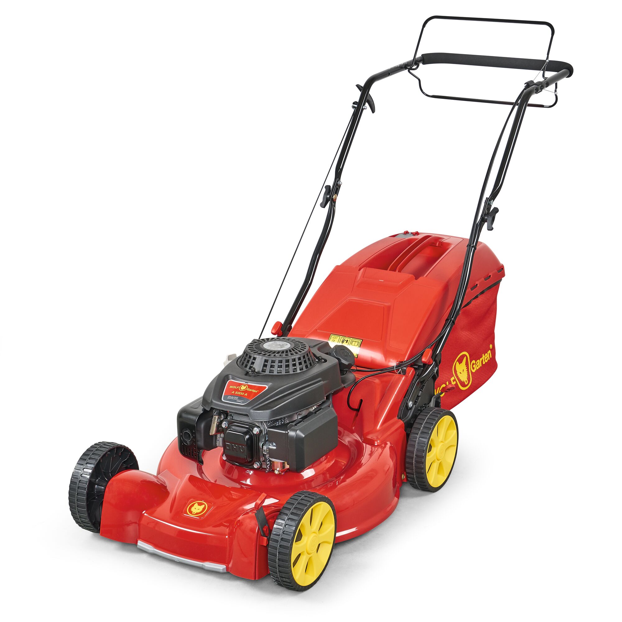 A red and yellow WOLFGarten lawn mower with a black handle and an attached grass collection bag. The mower is shown from a front-side angle and placed against a white background.