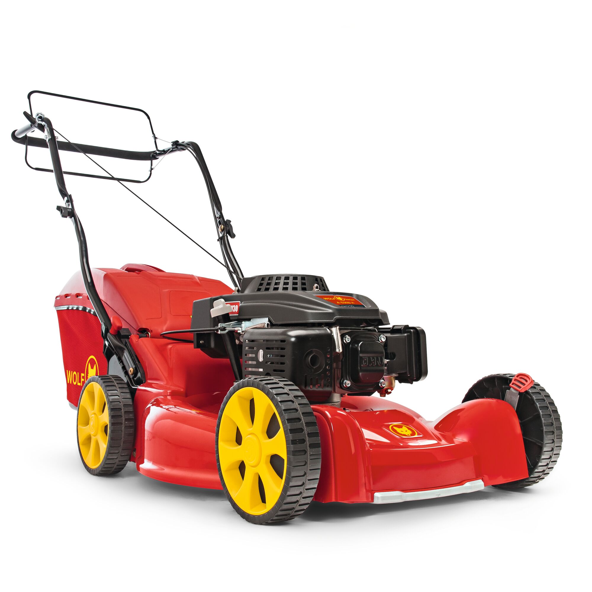 A red and yellow WOLFGarten lawn mower with a grass collection bag and sturdy wheels, designed for garden lawn maintenance.