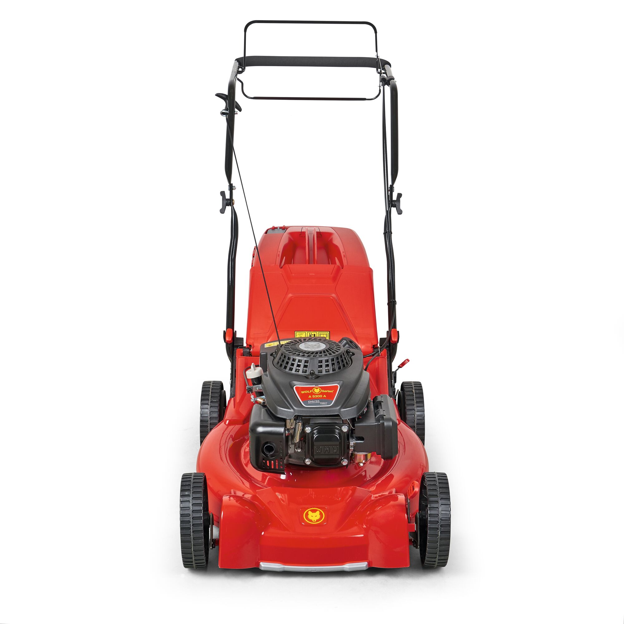 Front view of a red WOLFGarten lawn mower with a black handlebar and engine, showing wheels and grass collection box.