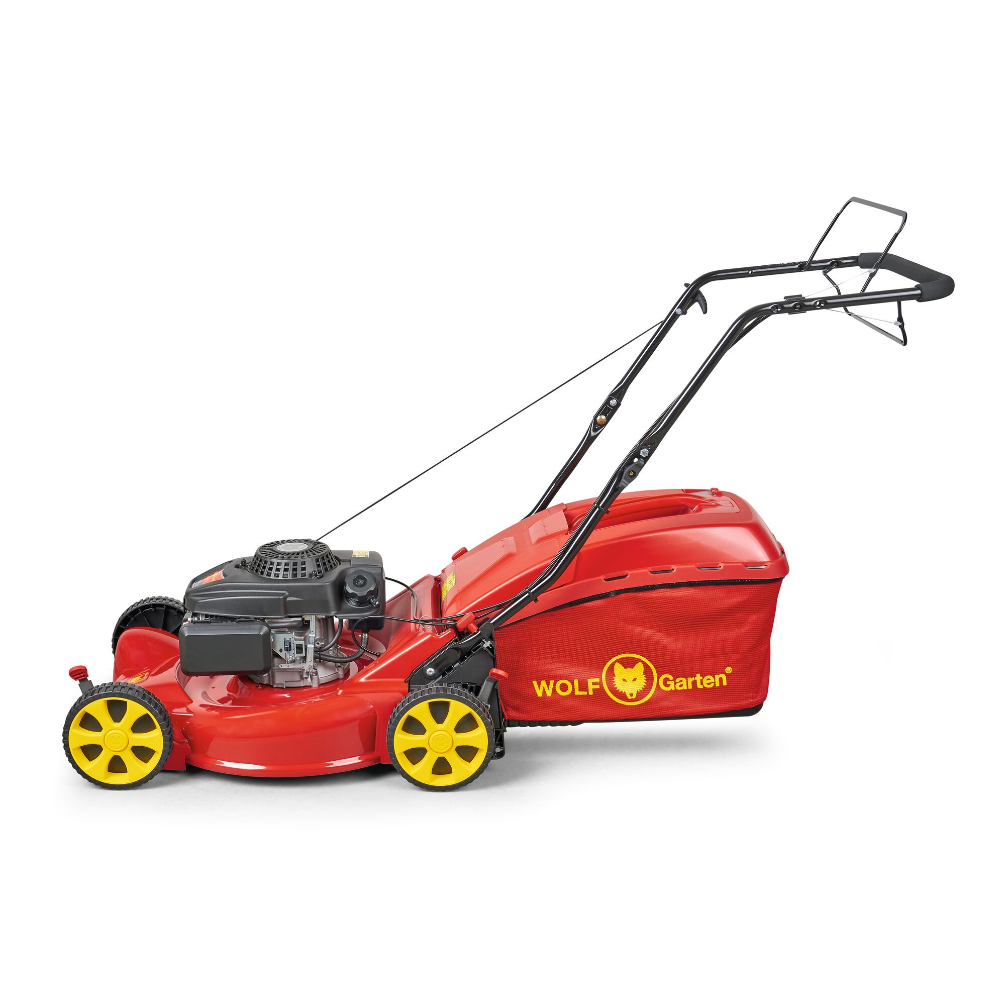 A red and yellow WOLF Garten lawn mower with a grass collection bag attached at the back, suitable for garden lawn maintenance.