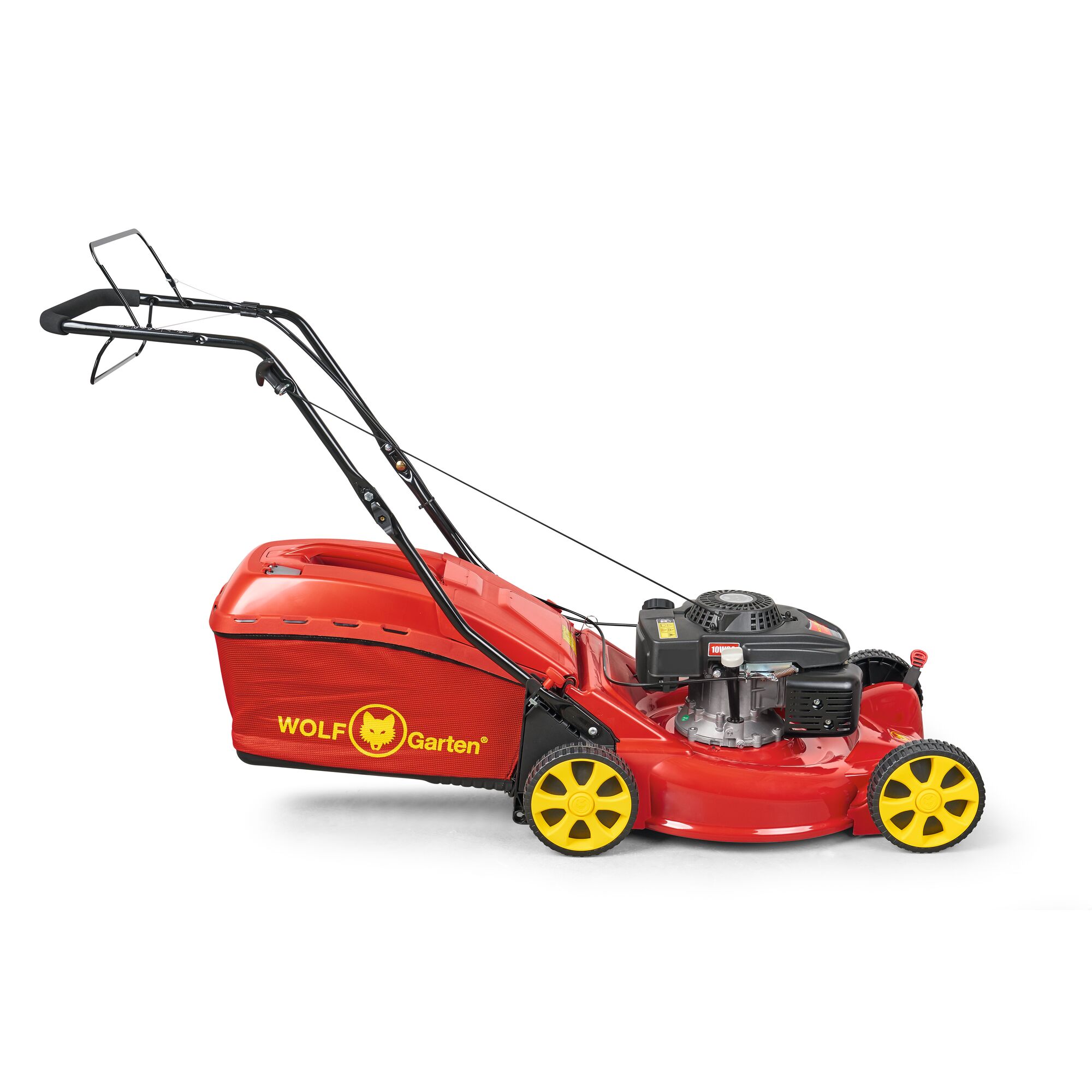 A red and yellow WOLF Garten lawn mower with a grass collection bag, engine, and handle, displayed on a white background.