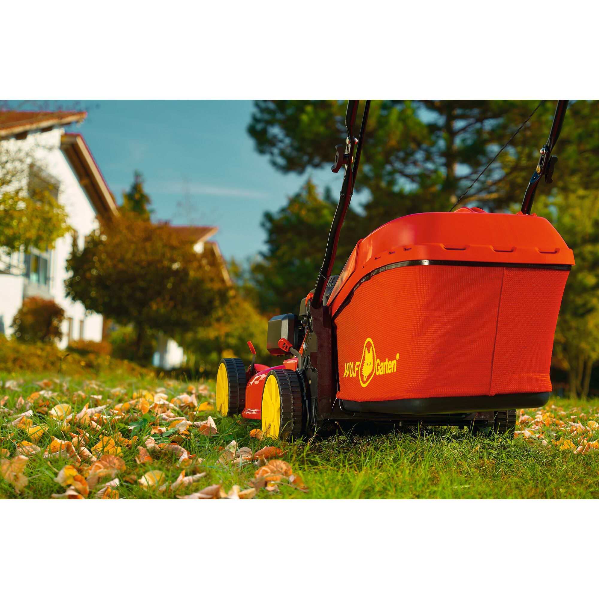 Close-up view of a WOLF-Garten lawn mower with a red and yellow design on a grassy lawn with fallen leaves, near a house and trees in a garden setting.