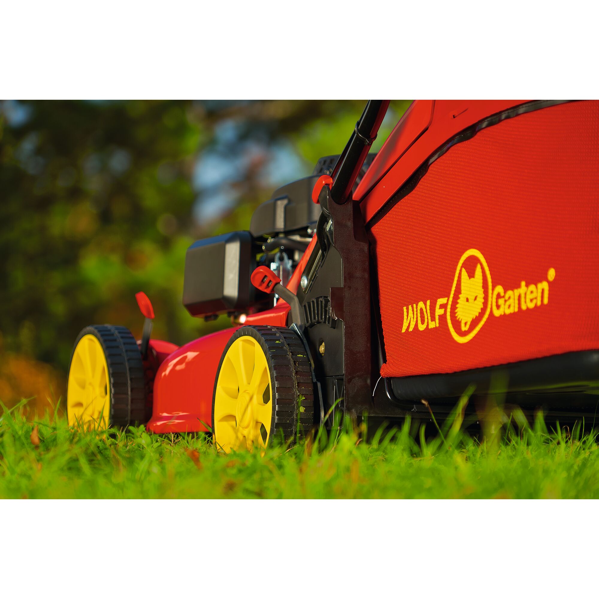 Close-up view of a red and yellow WOLF Garten lawn mower with grass catcher, positioned on a grassy lawn.