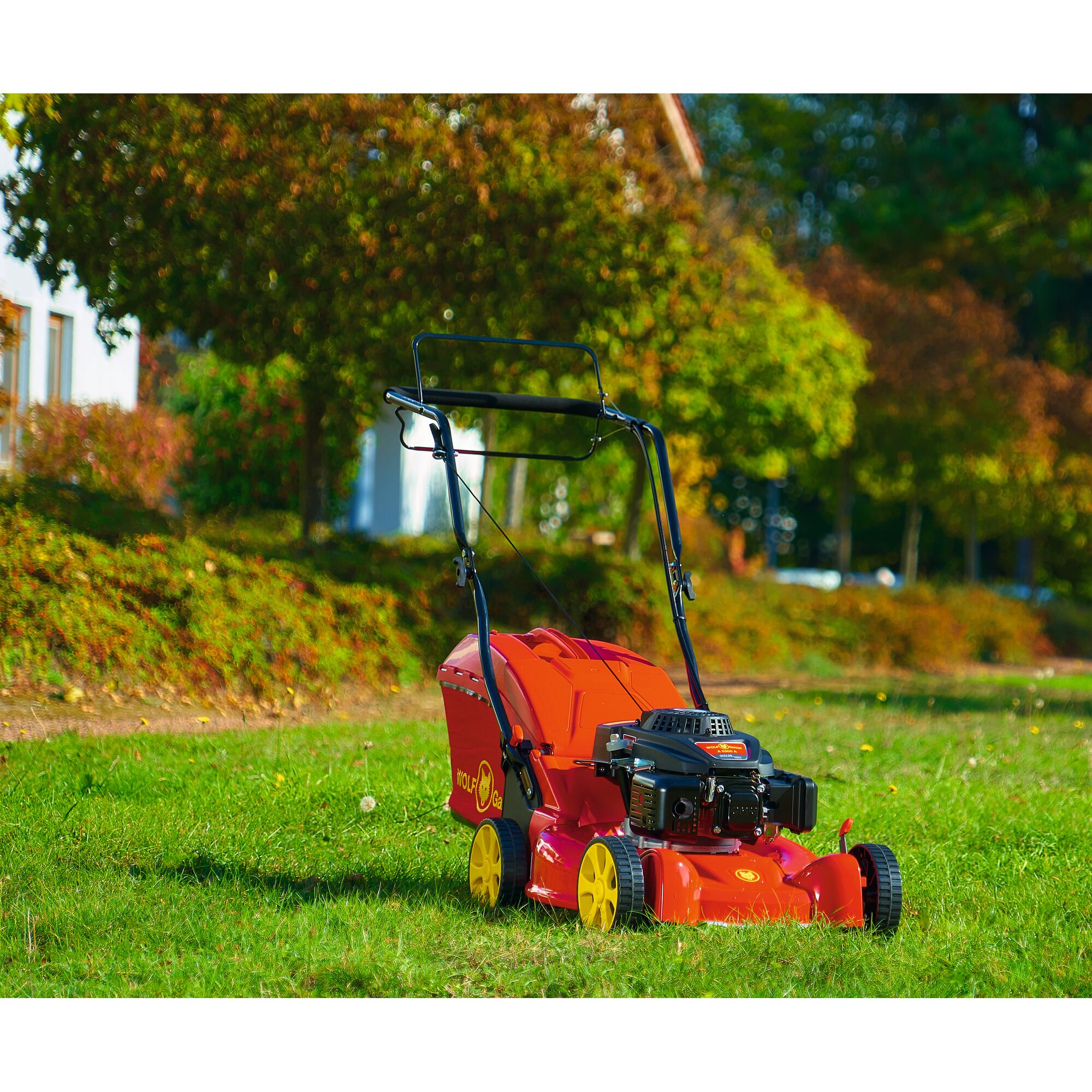 A red and yellow WOLFGarten lawn mower with a grass collection box, positioned on a green lawn outdoors with trees and bushes in the background.