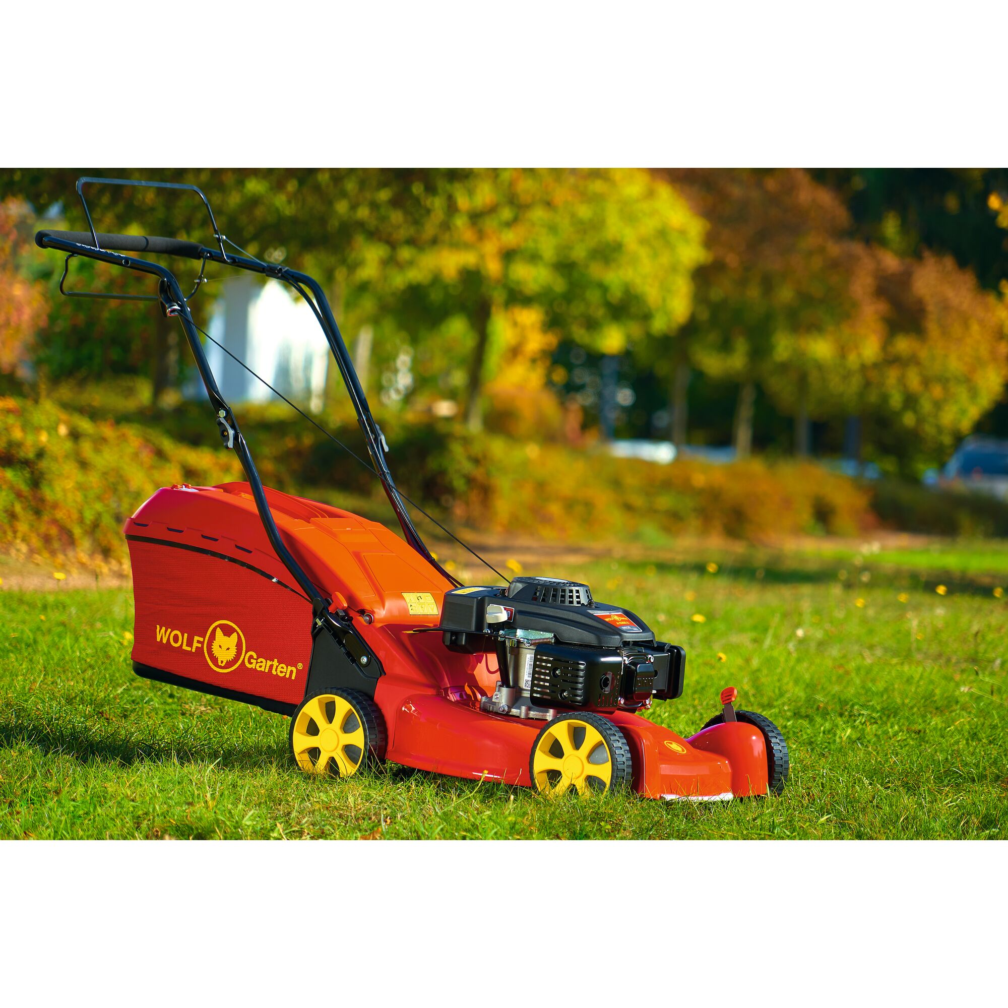 A red and yellow WOLF-Garten lawn mower on green grass outdoors, with trees and shrubs in the background.