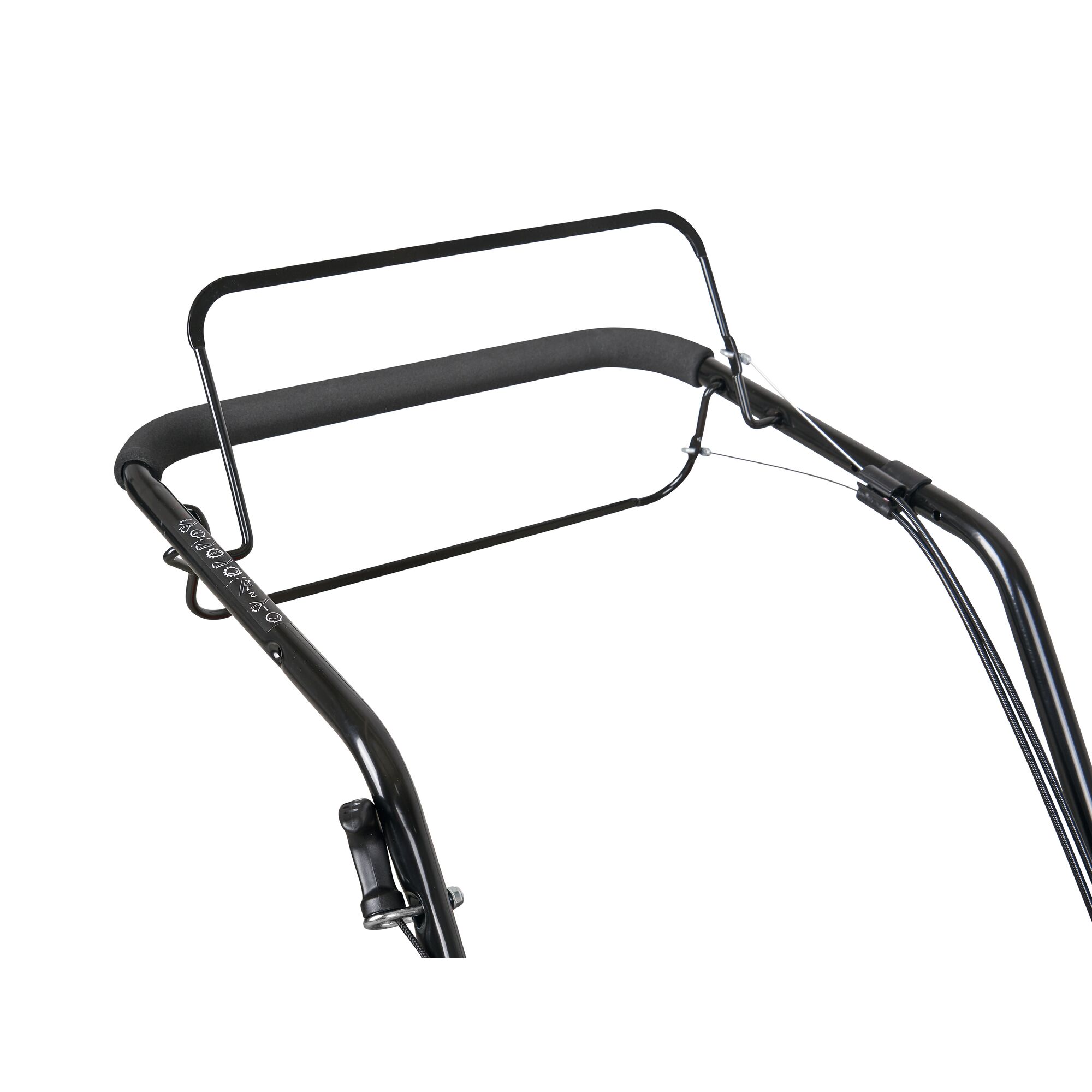 Close-up view of the handle and control cable of a lawn mower with a foam grip and black metal frame.