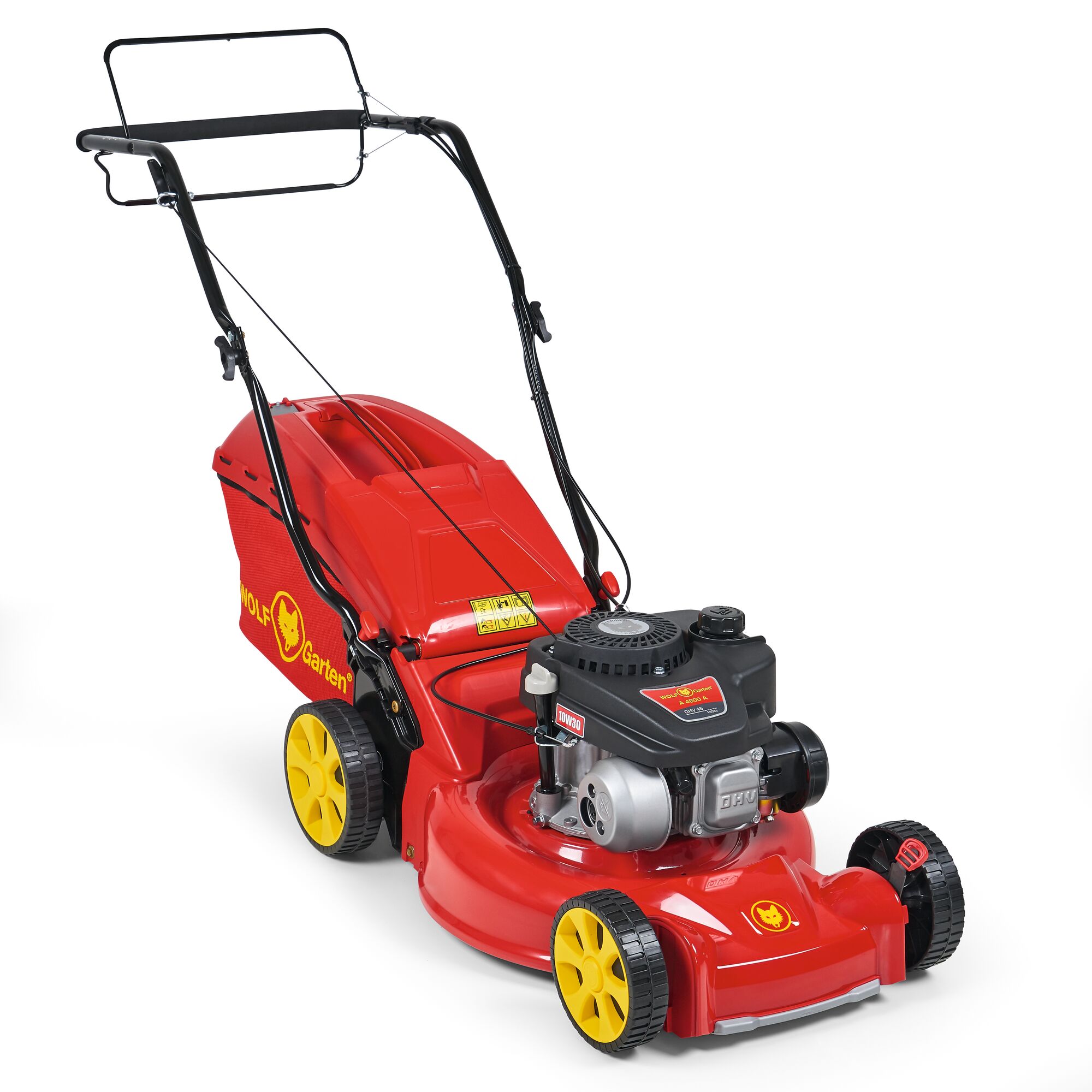 A red and yellow WOLFGarten lawn mower with a Briggs & Stratton engine, featuring a grass collection box, large wheels, and a handlebar for push operation. The design is modern and suitable for garden use.