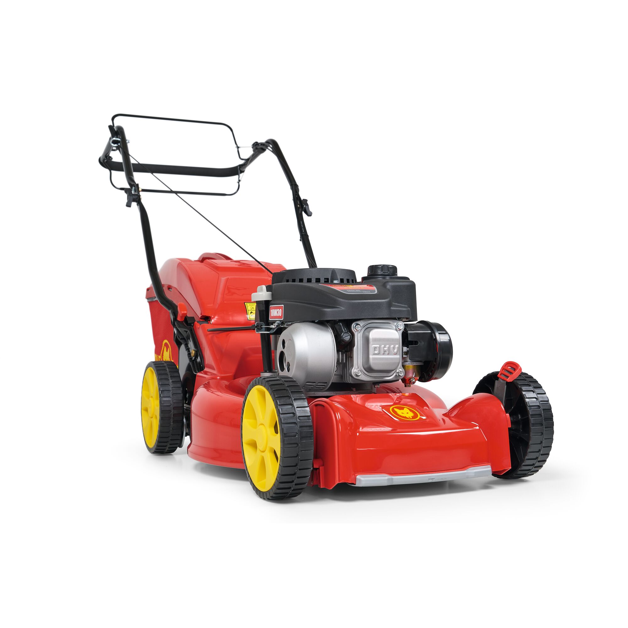 A red and yellow lawn mower with a black engine and handle, designed for garden and outdoor lawn maintenance.