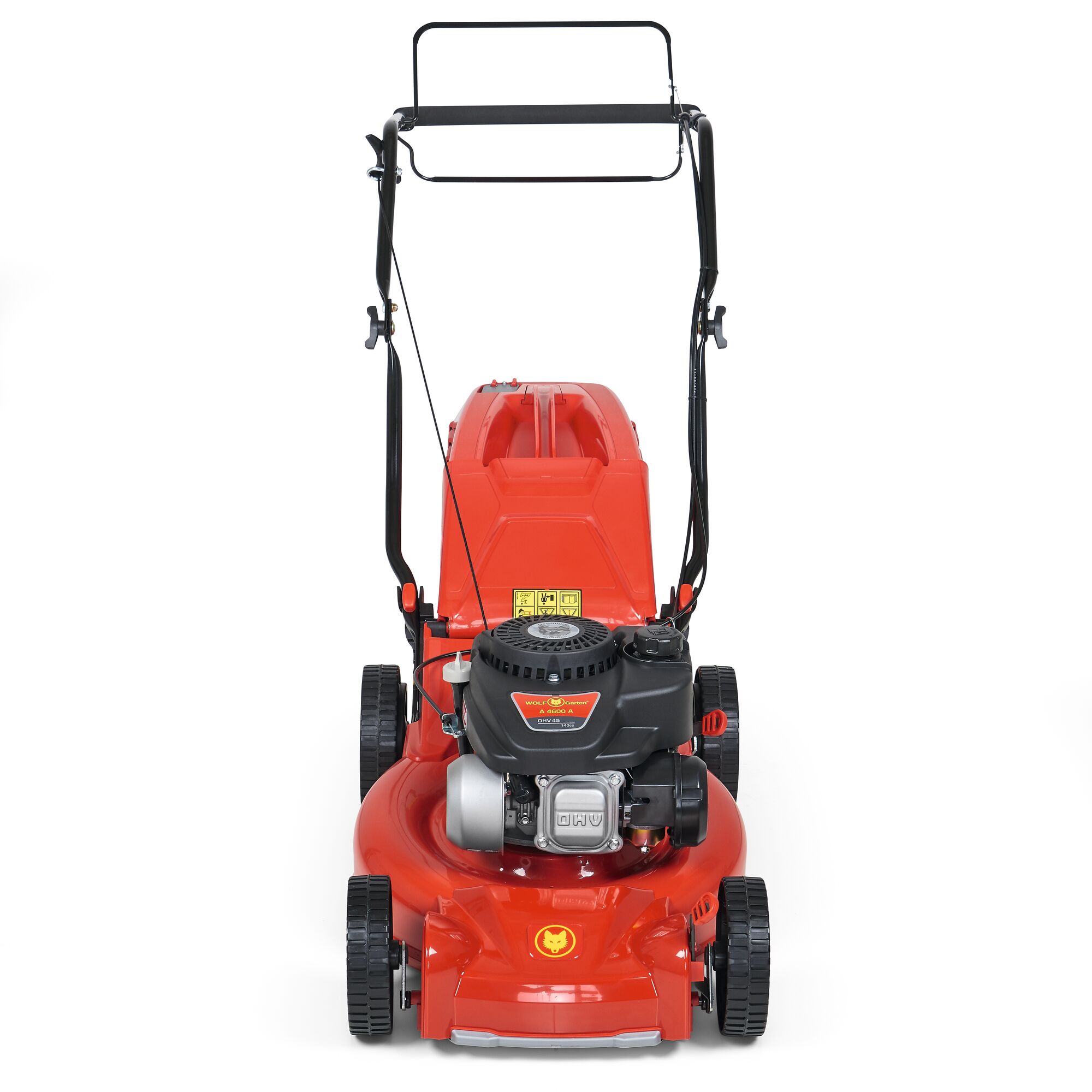 Front view of a red WOLFGarten lawn mower with a black engine and handle, photographed against a white background.