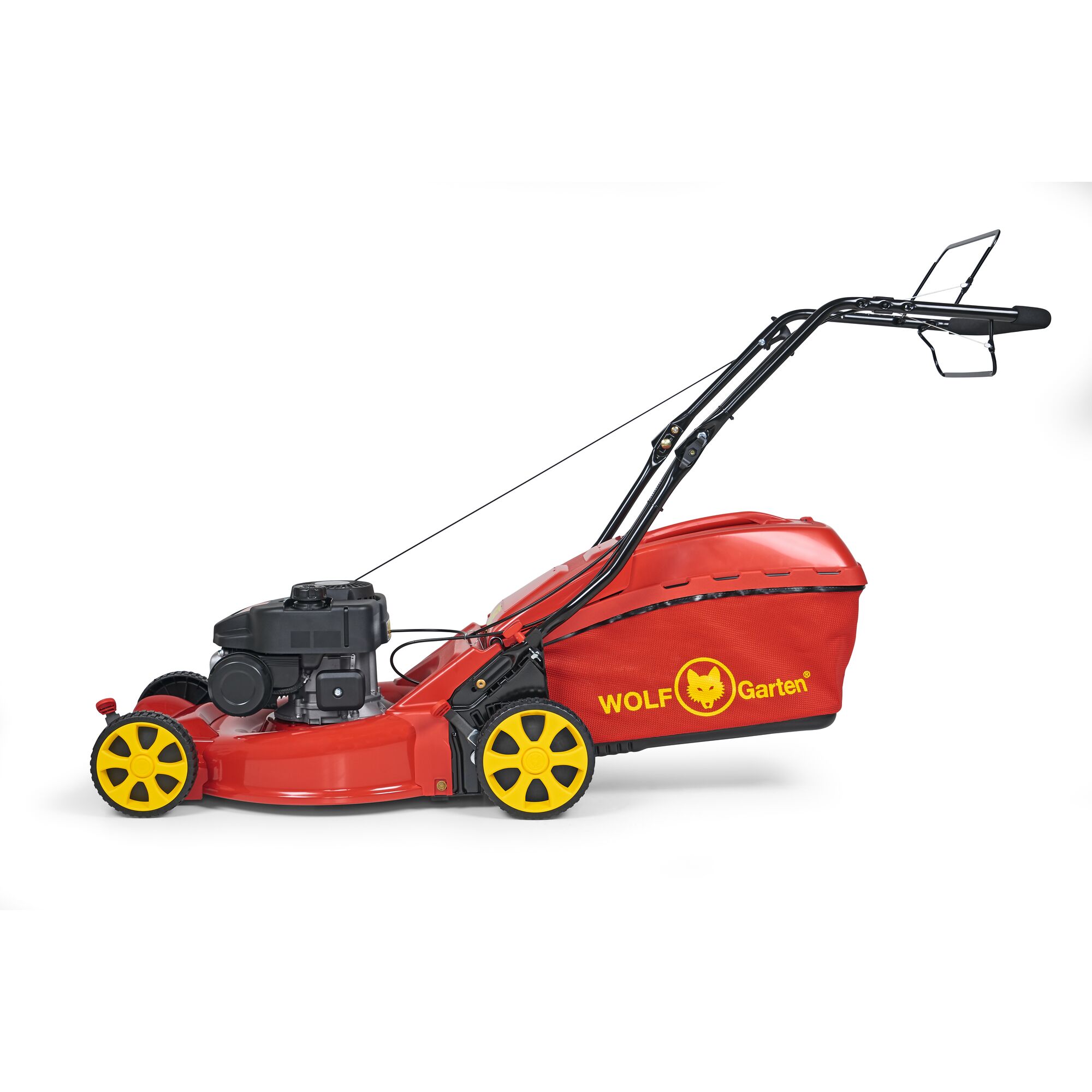 A red lawn mower with yellow wheels and a grass collection bag featuring the WOLF Garten logo, photographed from the side on a white background.