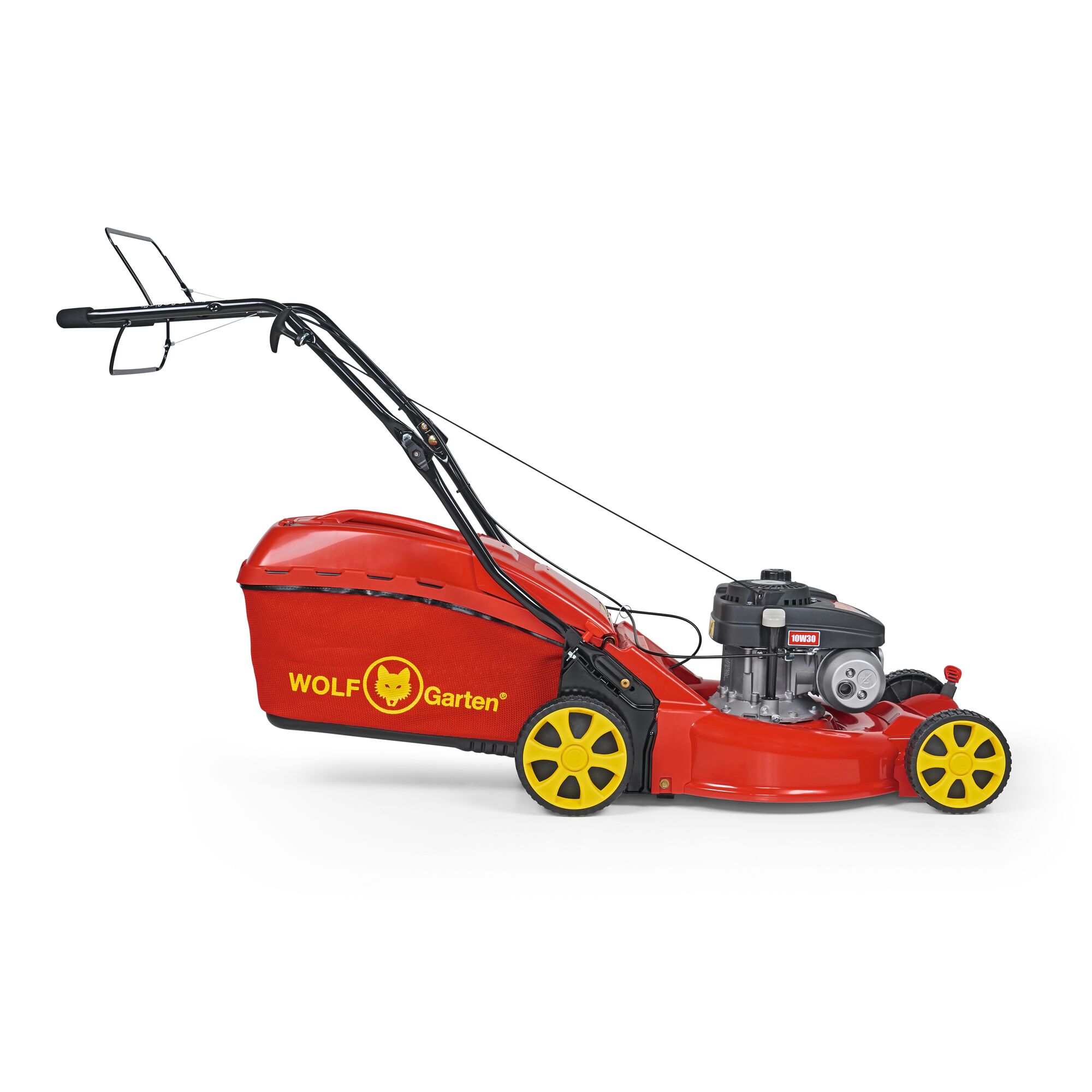 A red and yellow WOLF-Garten lawn mower with a grass collection bag, engine, and push handle, viewed from the side.