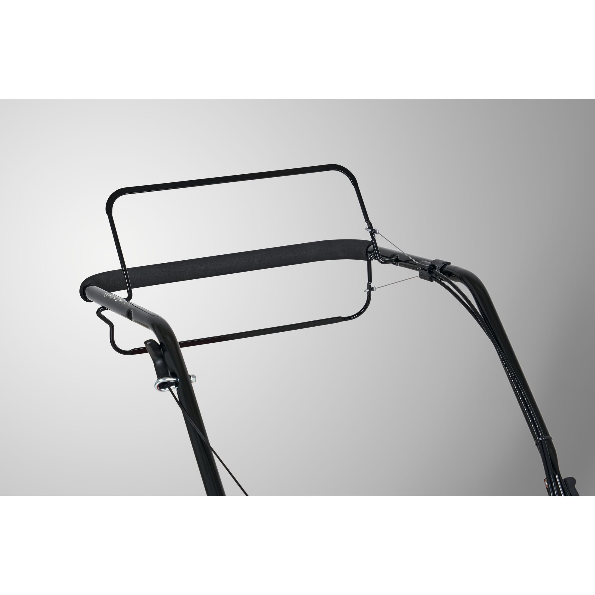 Close-up view of the handlebar of a lawn mower, showing its ergonomic design and black metal construction against a neutral background.