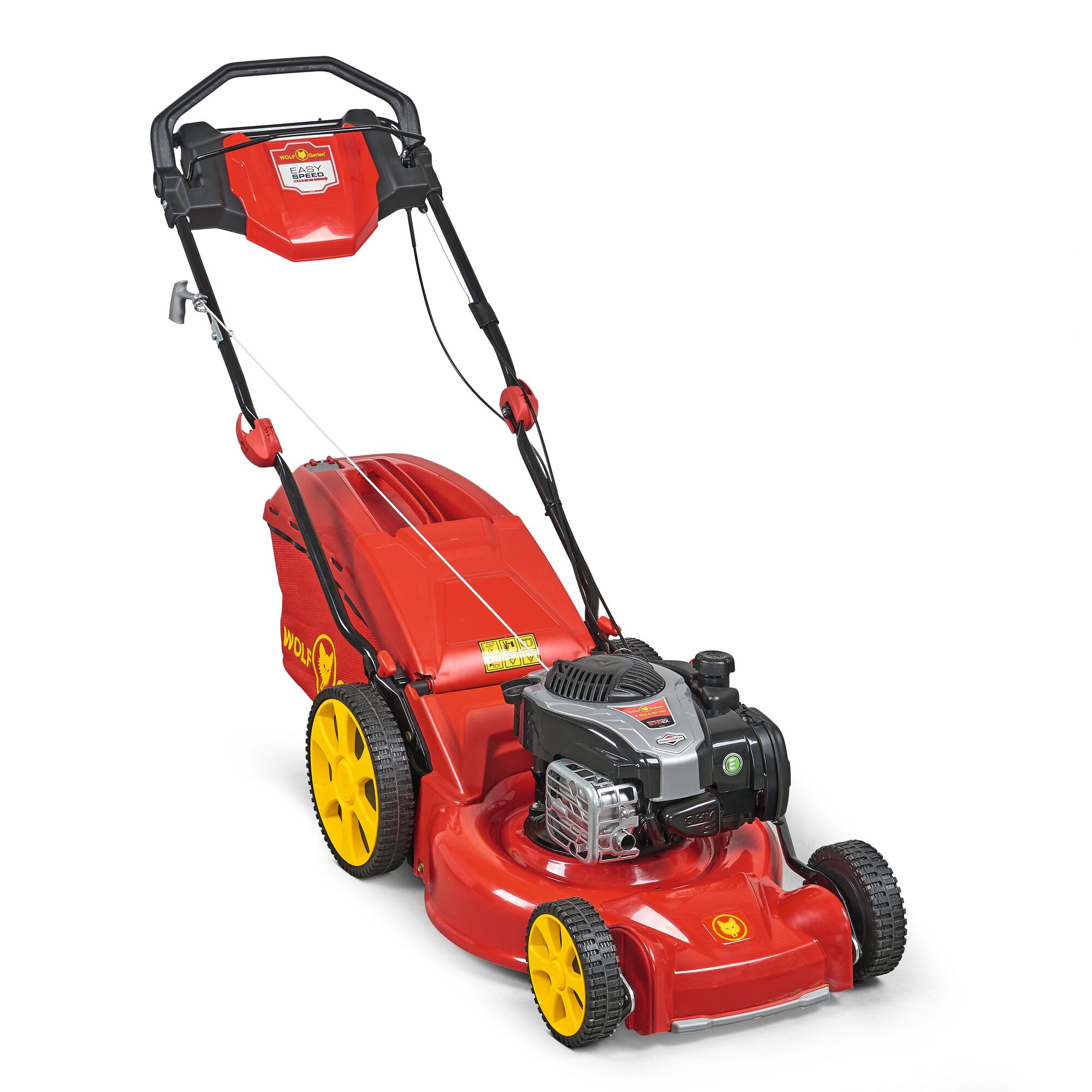 A red and yellow lawn mower with a grass collection box, featuring a powerful engine and ergonomic handle. The mower is branded WOLFGarten.