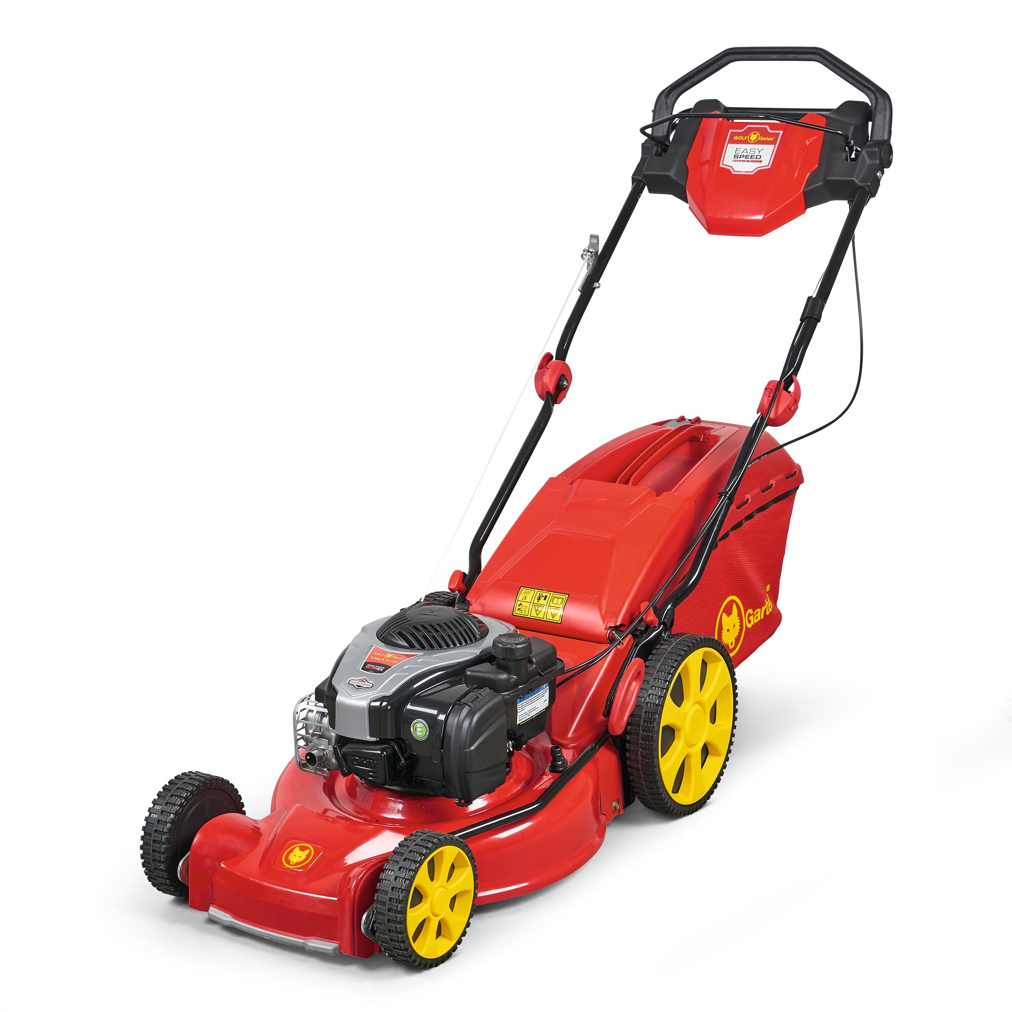 Red and yellow WOLFGarten lawn mower with a grass collection box, featuring a petrol engine, large rear wheels, and ergonomic handle.