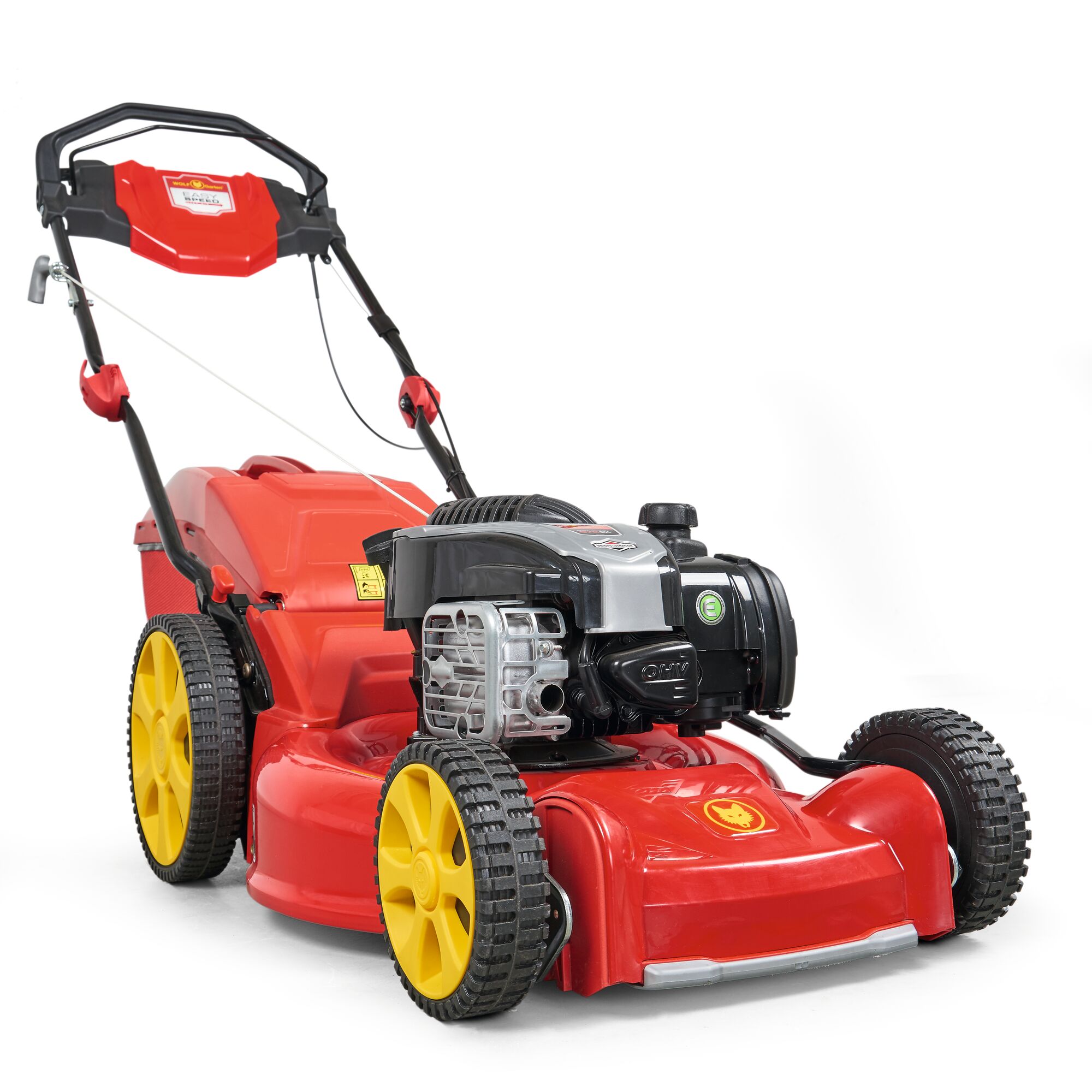A red and yellow lawn mower with a black handle and motor, designed for grass cutting. The mower has large yellow wheels and is shown against a white background.