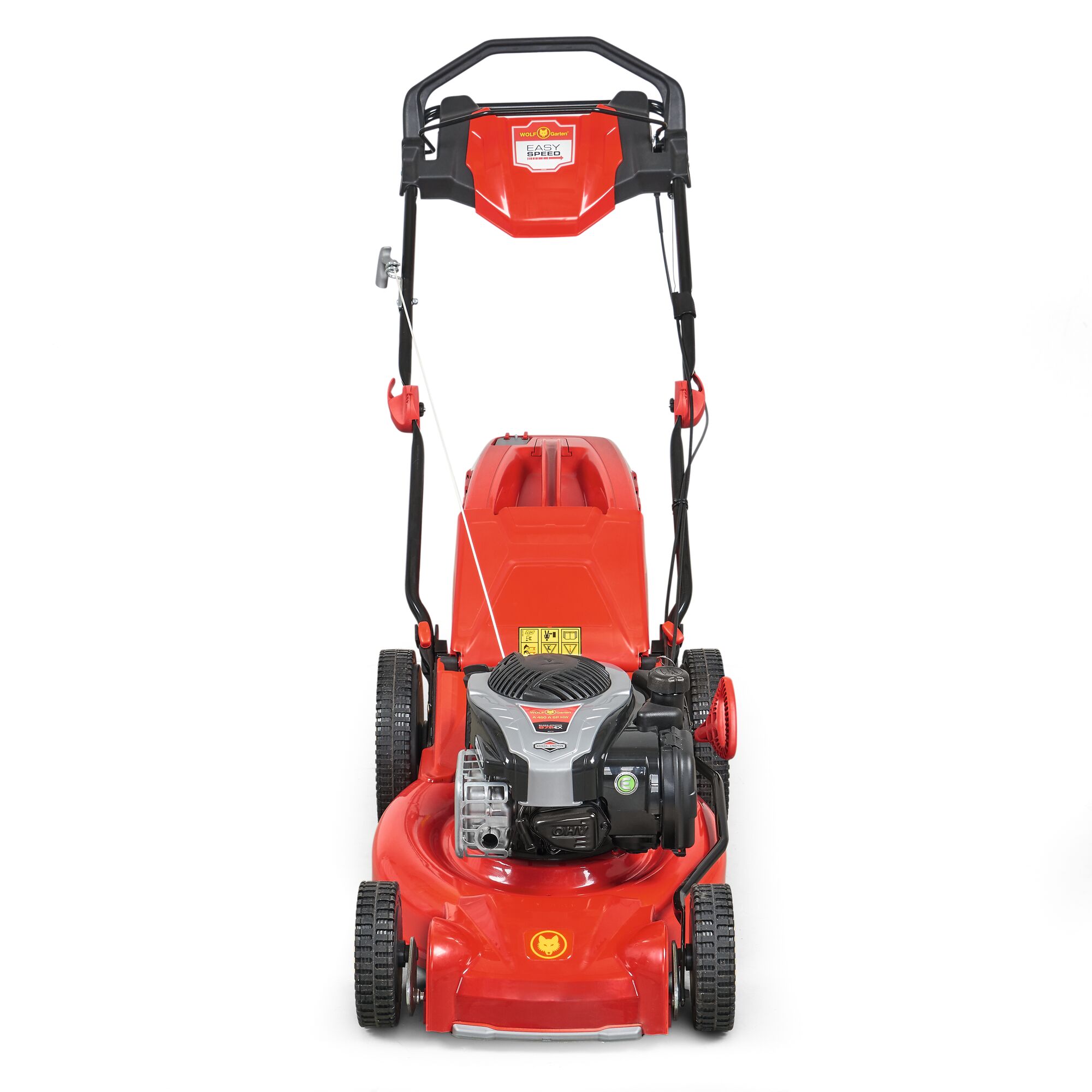 Front view of a red WOLFGarten lawn mower with a black handle, four wheels, and a visible engine.