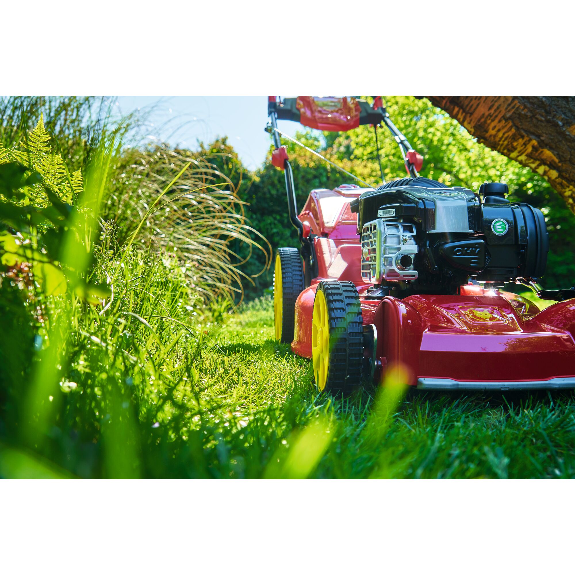 A close-up view of a red lawn mower with yellow wheels cutting grass in a green garden on a sunny day.