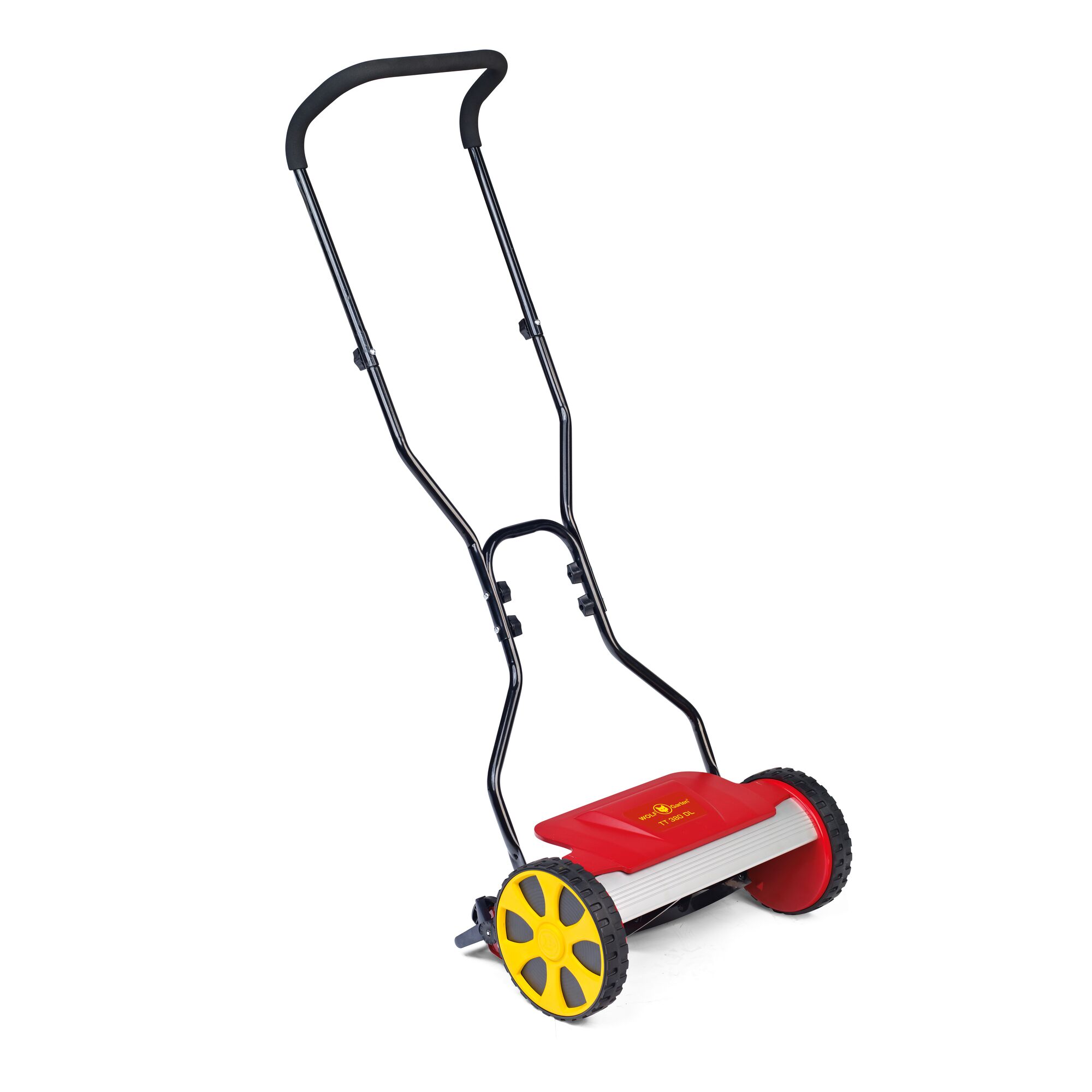 A manual push lawn mower with a red and yellow body and black handle, designed for cutting grass.