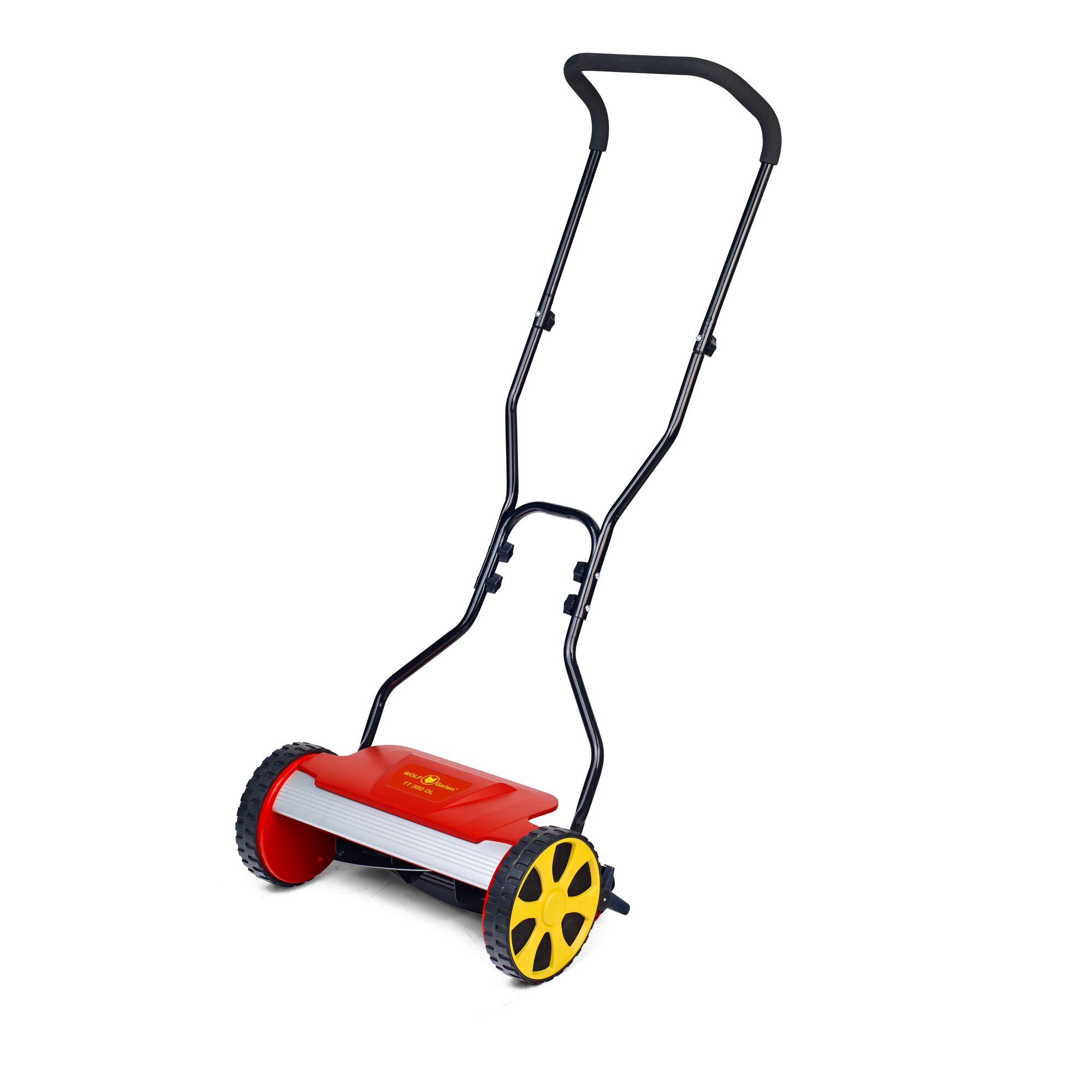 A manual push lawn mower with a red and yellow body, black handle, and large yellow wheels, designed for cutting grass.