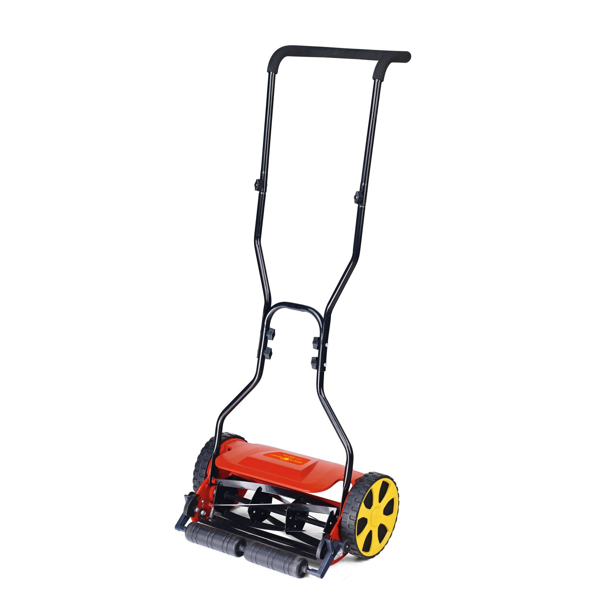 A manual push lawn mower with a red body, yellow wheels, and a black handle, photographed on a white background.