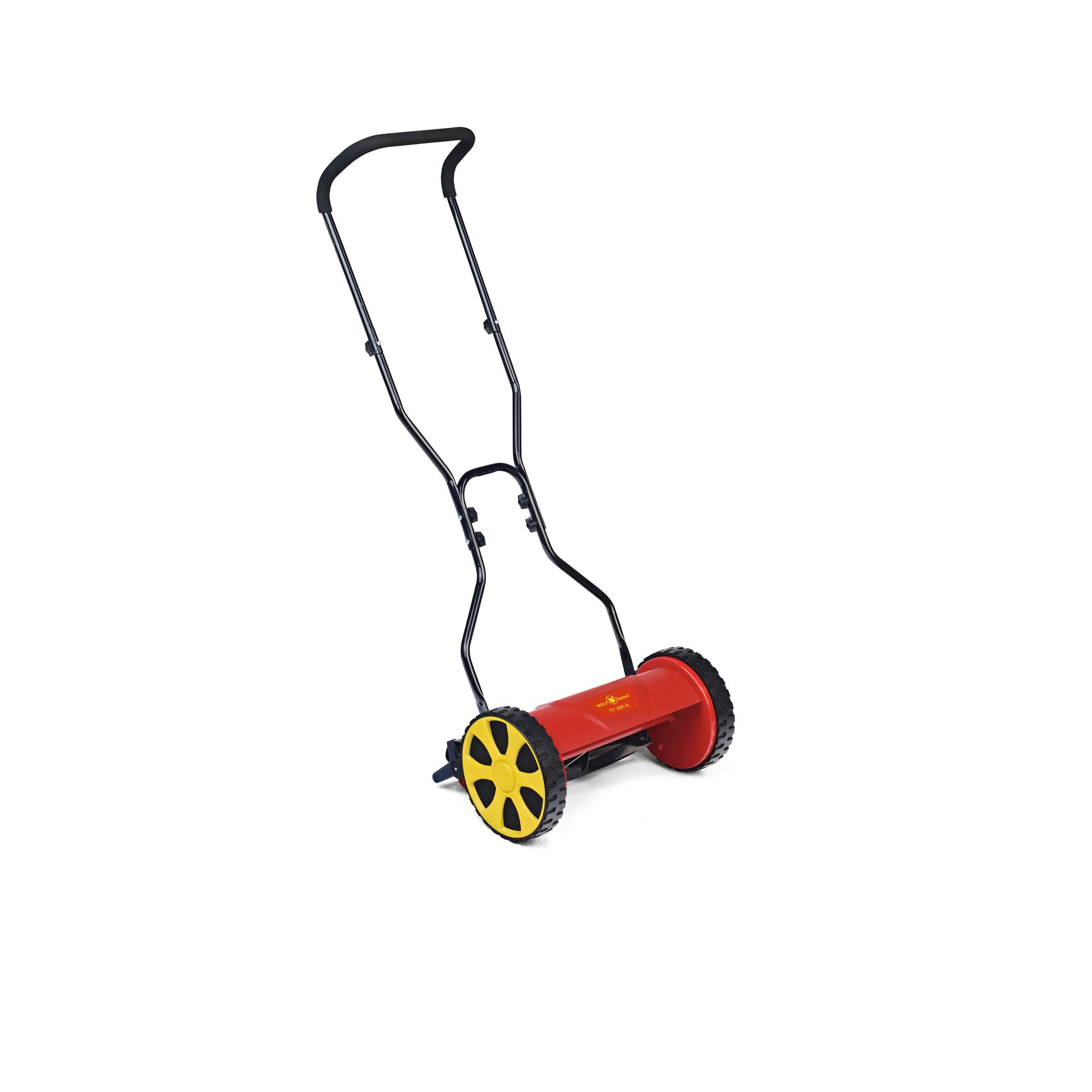 A manual push lawn mower with a red body, large black and yellow wheels, and a black handle, photographed on a white background.
