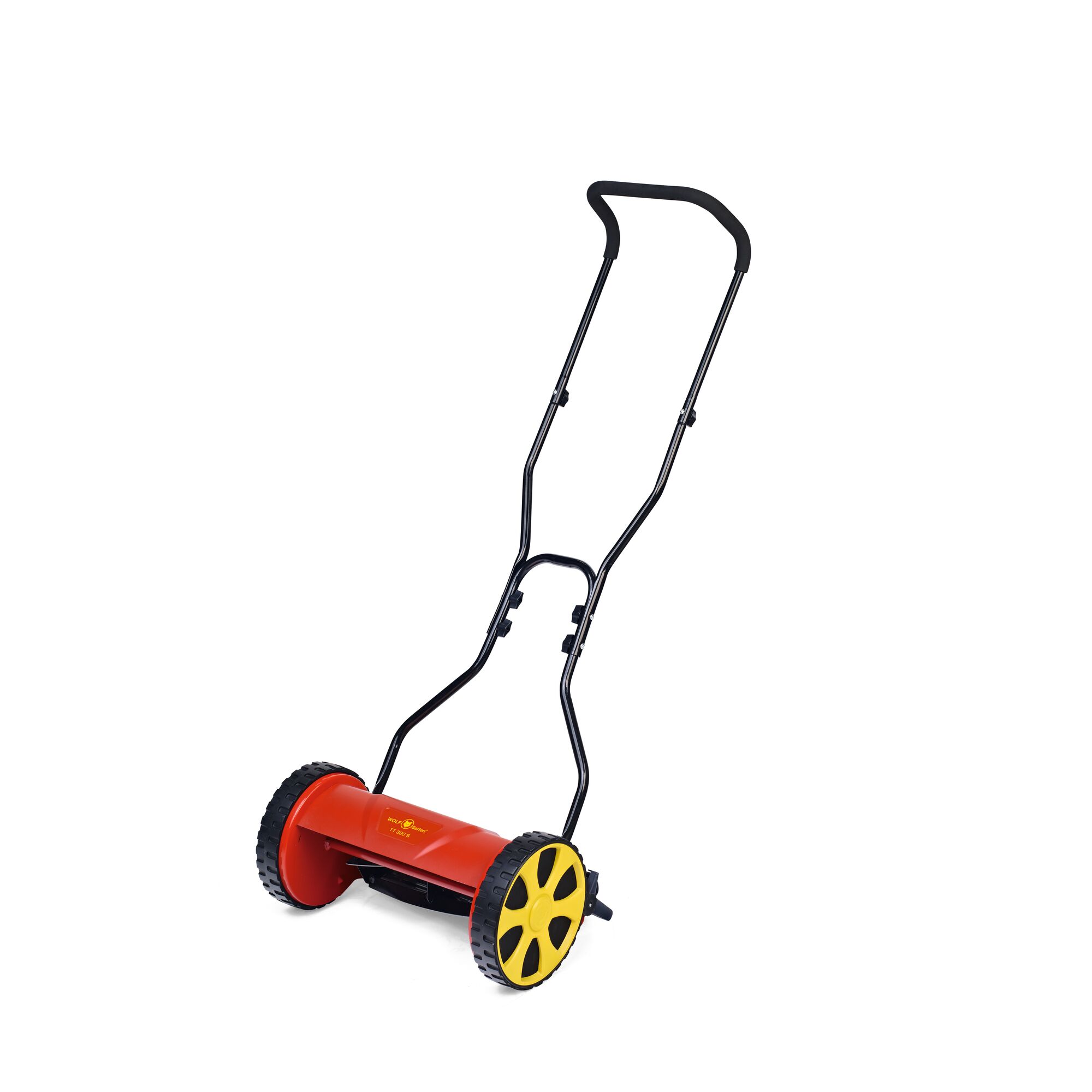 A manual lawn mower with black handle, yellow wheels, and a red cutting cylinder.