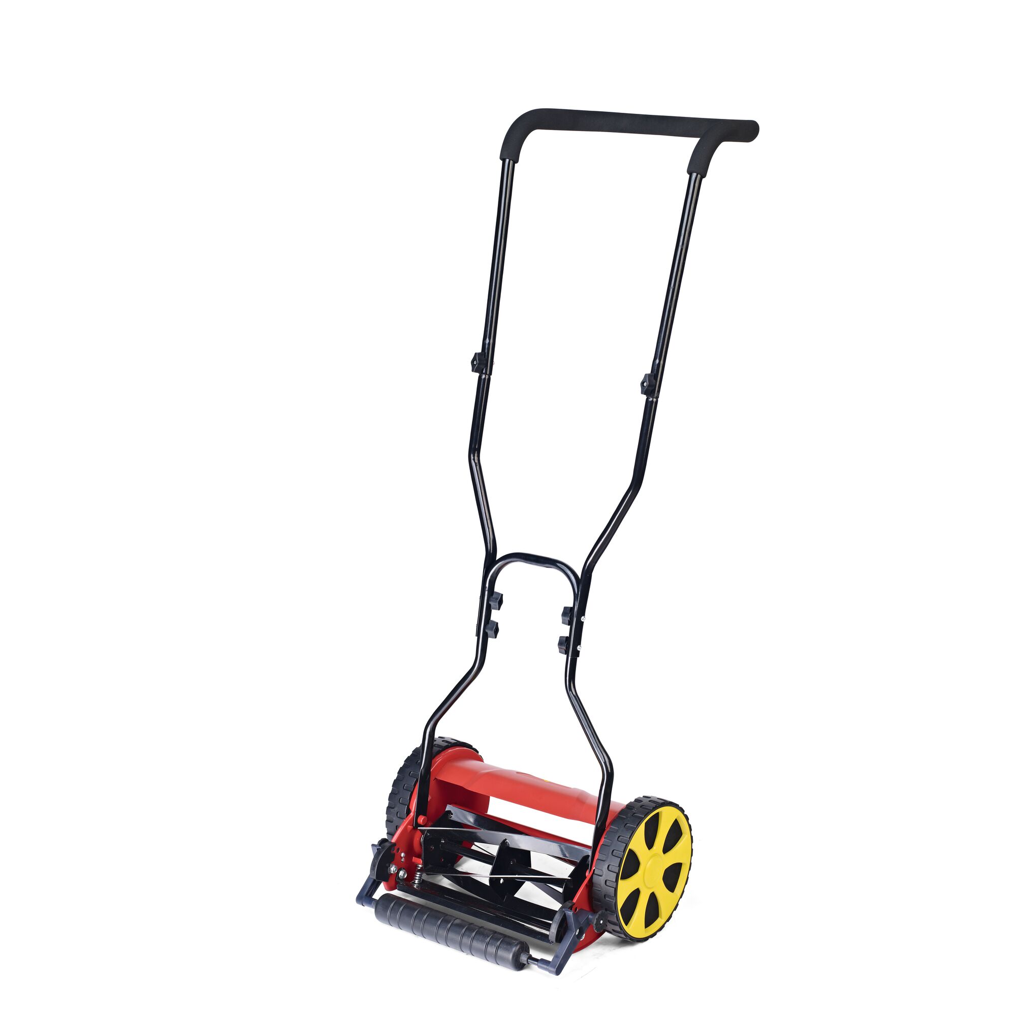 A manual push lawn mower with a red body, black handle, and yellow wheels, photographed on a white background.