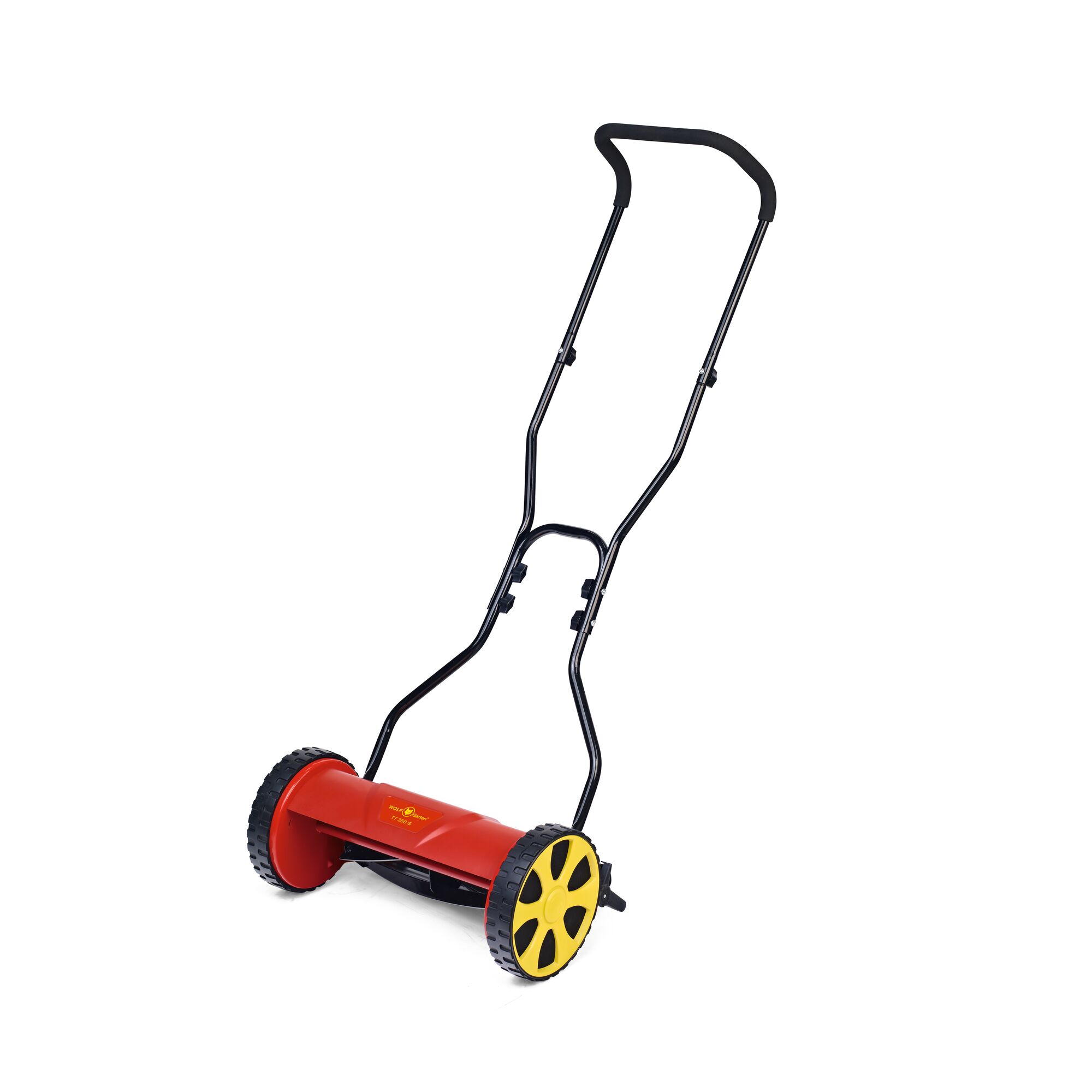 WOLFGarten 15C-BA--650 manual lawn mower, red body, yellow wheels, side angle photo on white background.