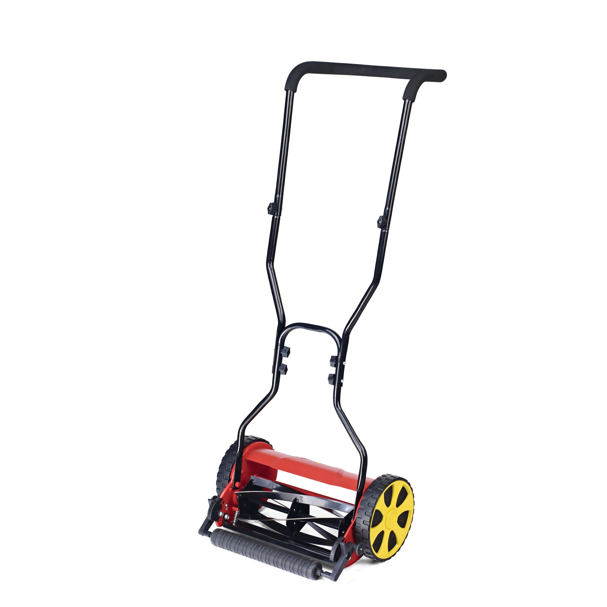 Manual lawn mower with a black handle, red cutting cylinder, and yellow wheels, photographed on a white background.