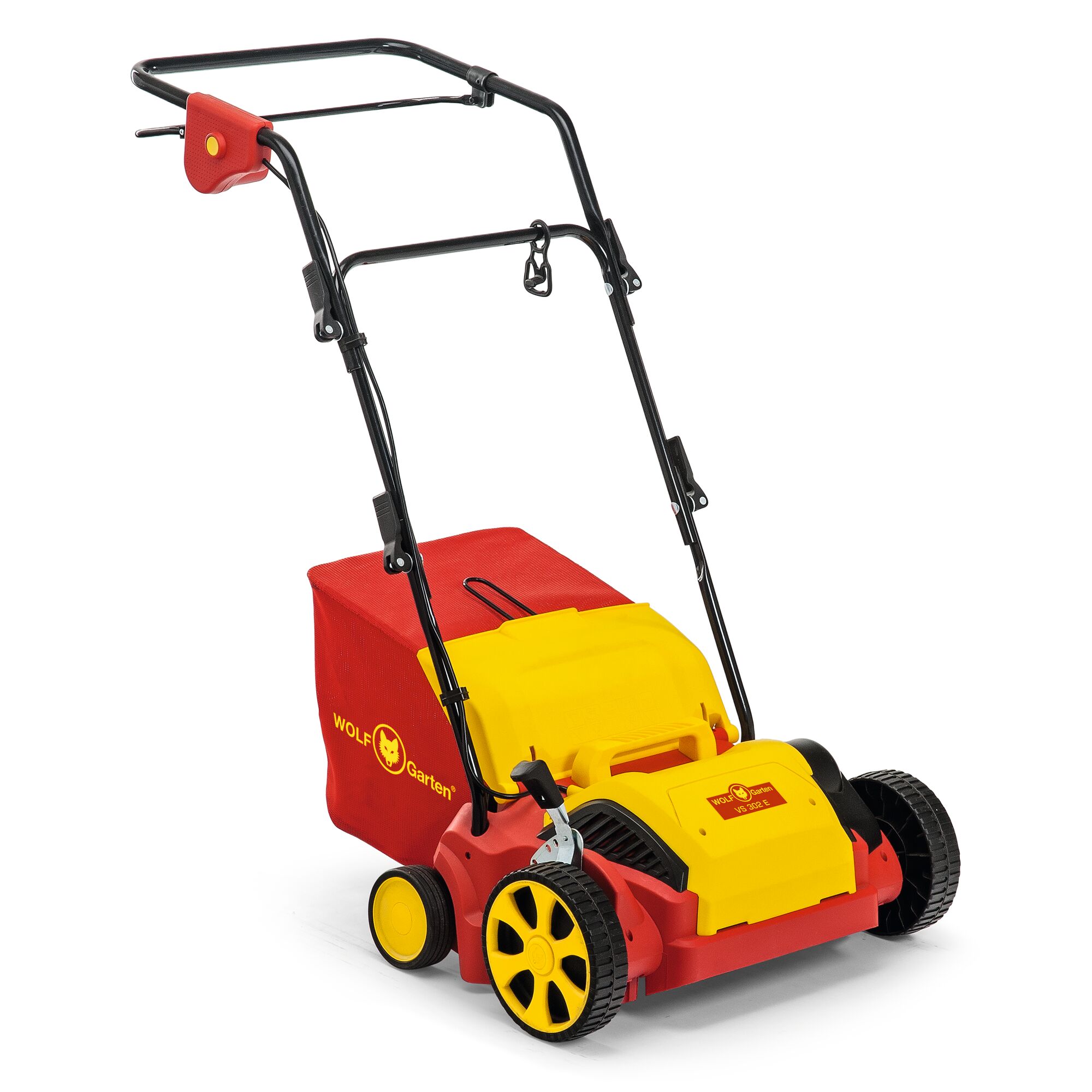 A WOLF Garten lawn scarifier with a red and yellow body, featuring a handlebar and grass collector bag, designed for turf maintenance.
