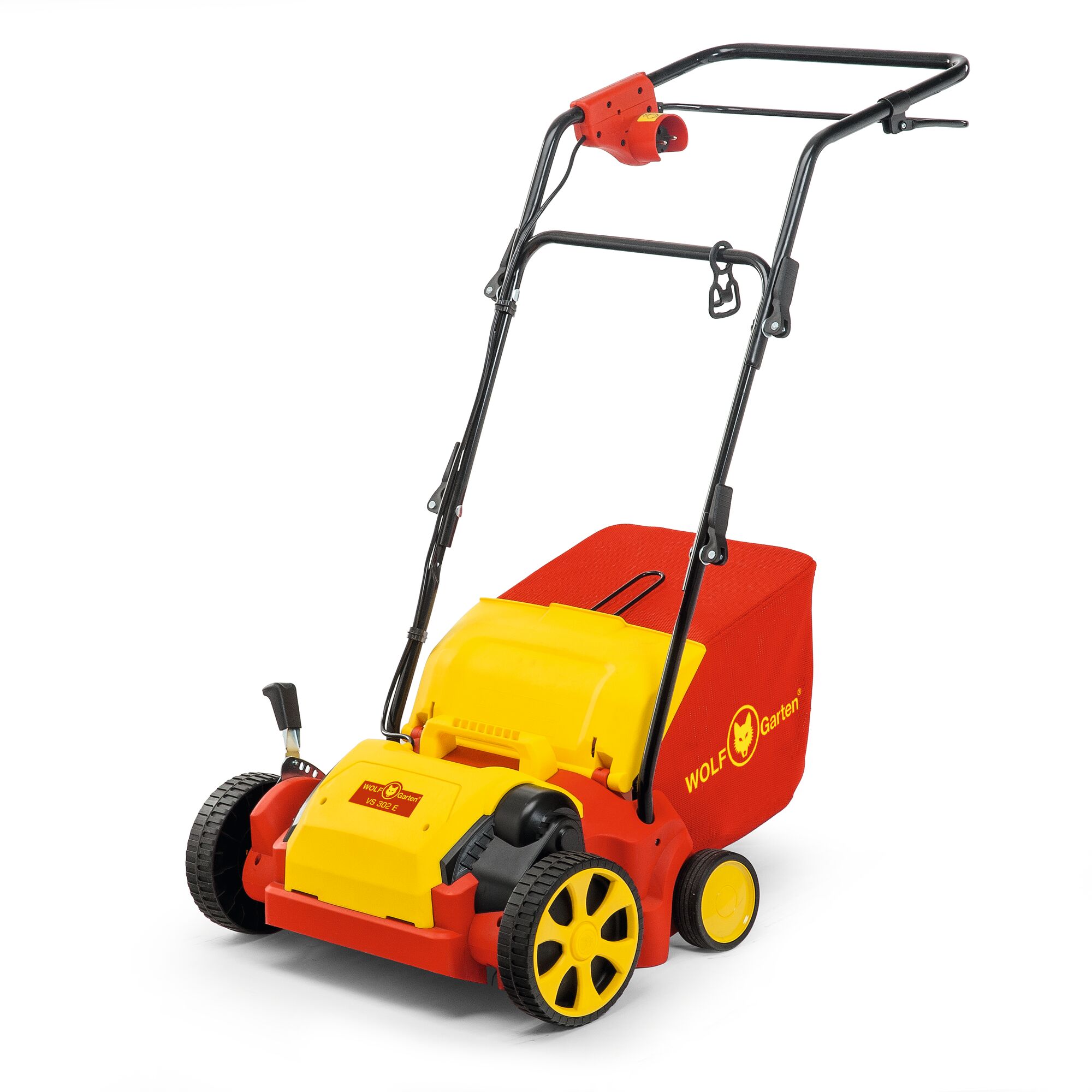 A WOLF Garten electric lawn scarifier with a red and yellow design, featuring a sturdy handle and a collection bag attached at the back.