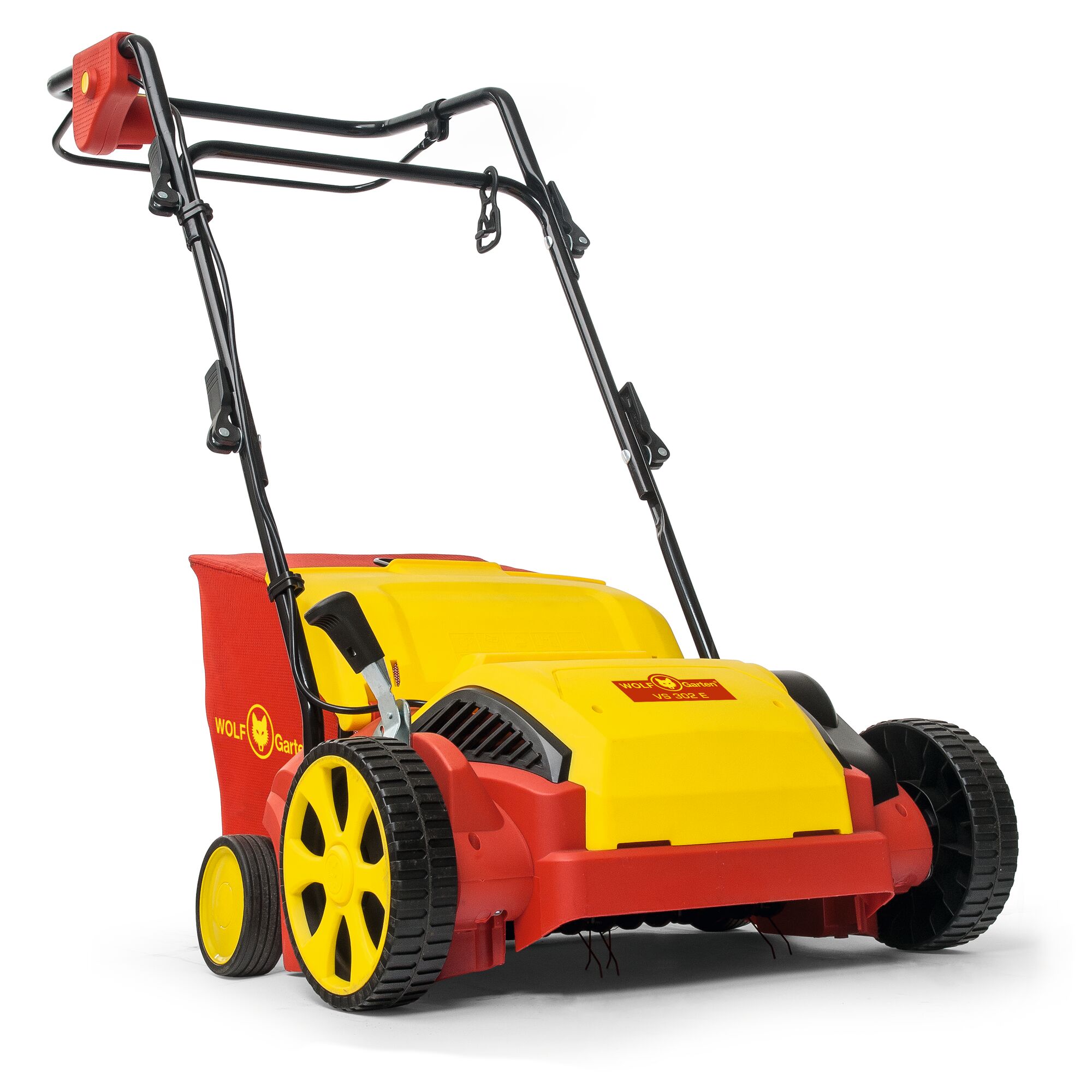 A WOLFGarten garden scarifier with a bright yellow and red design, featuring large wheels and a handlebar for easy pushing. The device is used for lawn care and has a collection bag attached at the rear.