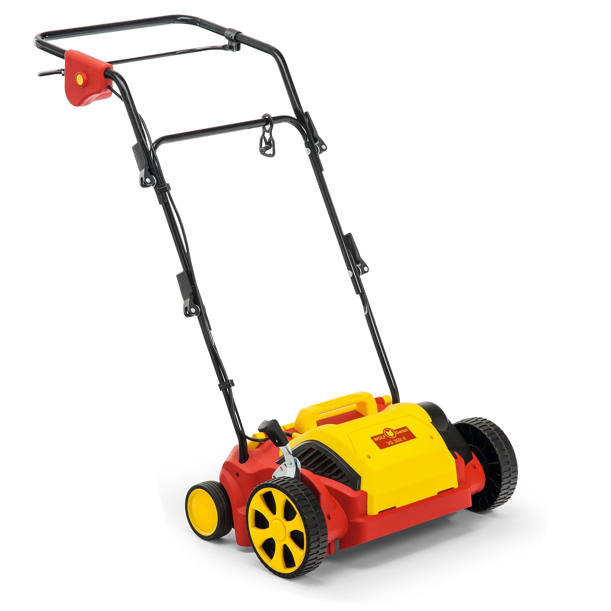 A yellow and red WOLFGarten garden scarifier with black wheels and a metal handlebar, designed for lawn care.