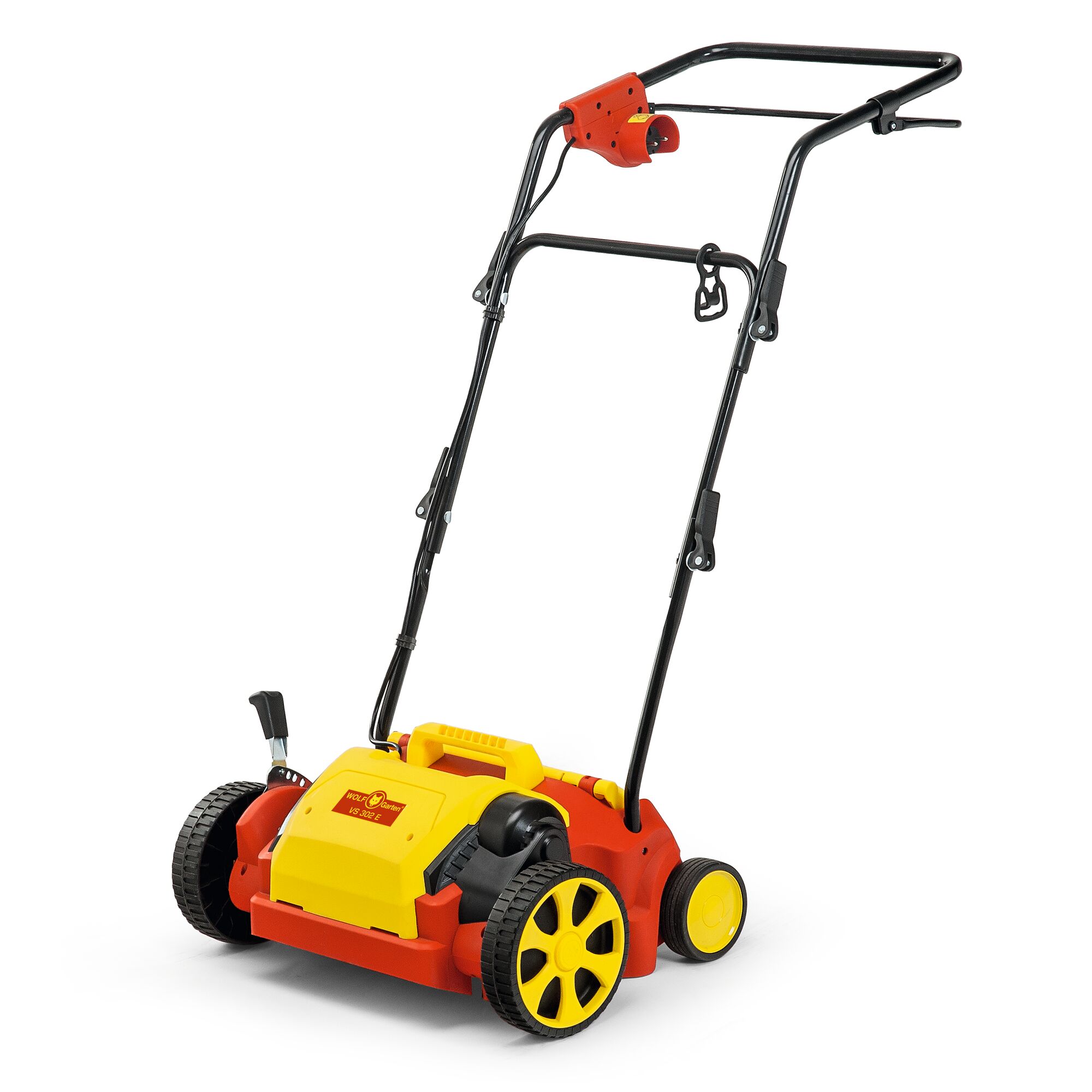 A WOLFGarten electric lawn scarifier with a yellow and red body, black handle, and four wheels, designed for removing moss and thatch from lawns.