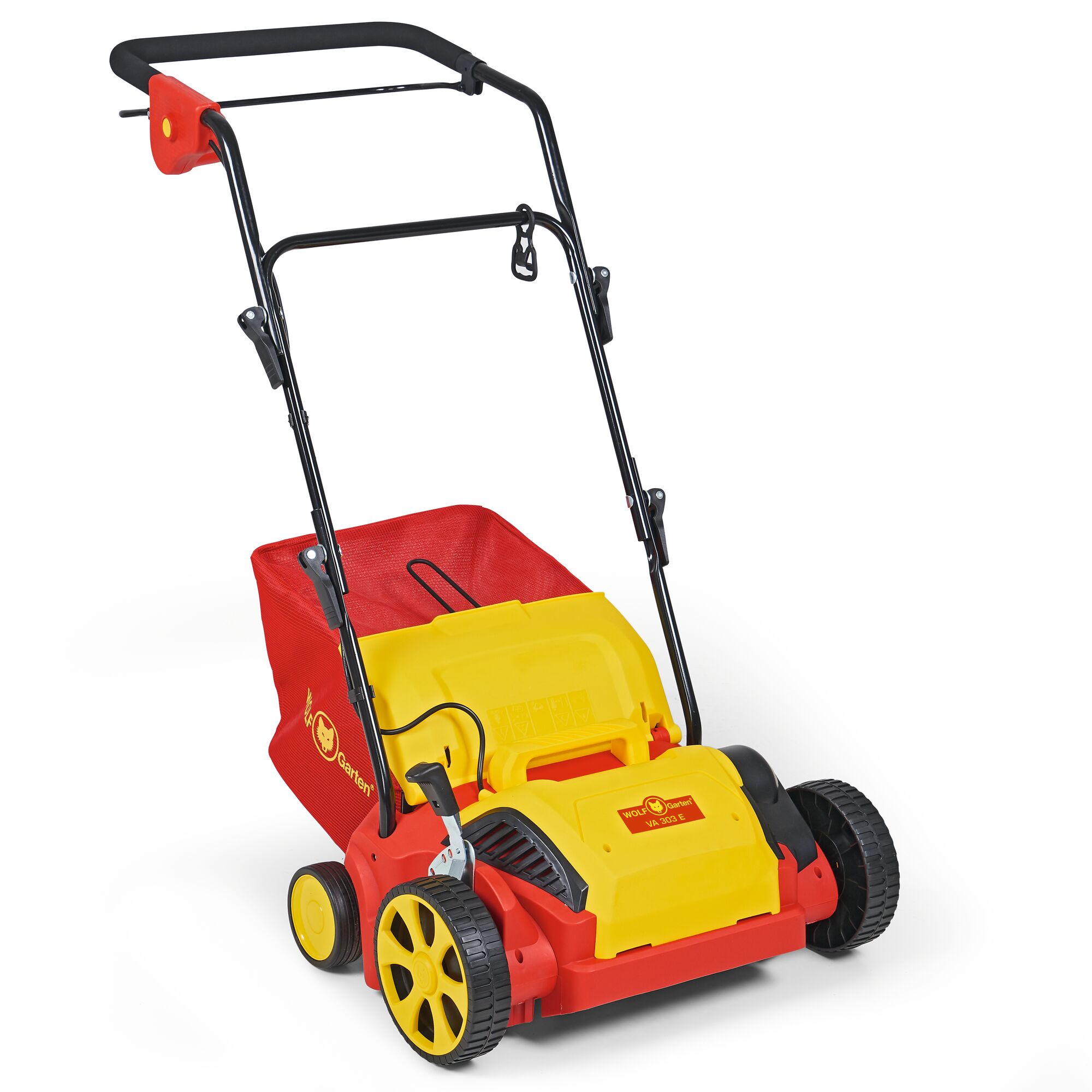 Red and yellow electric lawn scarifier with handle and collection bag, WOLFGarten brand, on a white background.